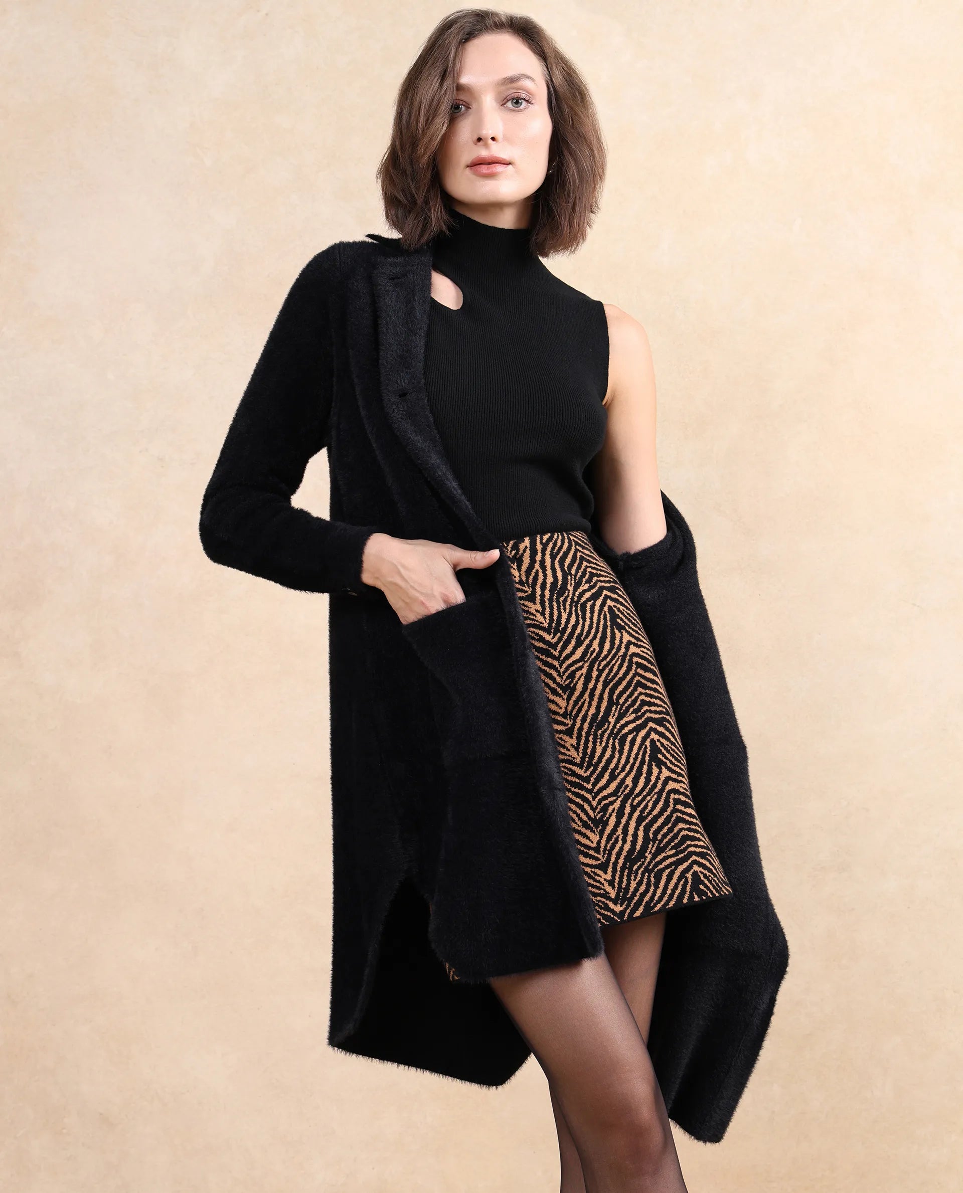 Rareism Women's Polyester Drop Collar Plain Cuffed Sleeve Knee Length Regular Fit Jacket