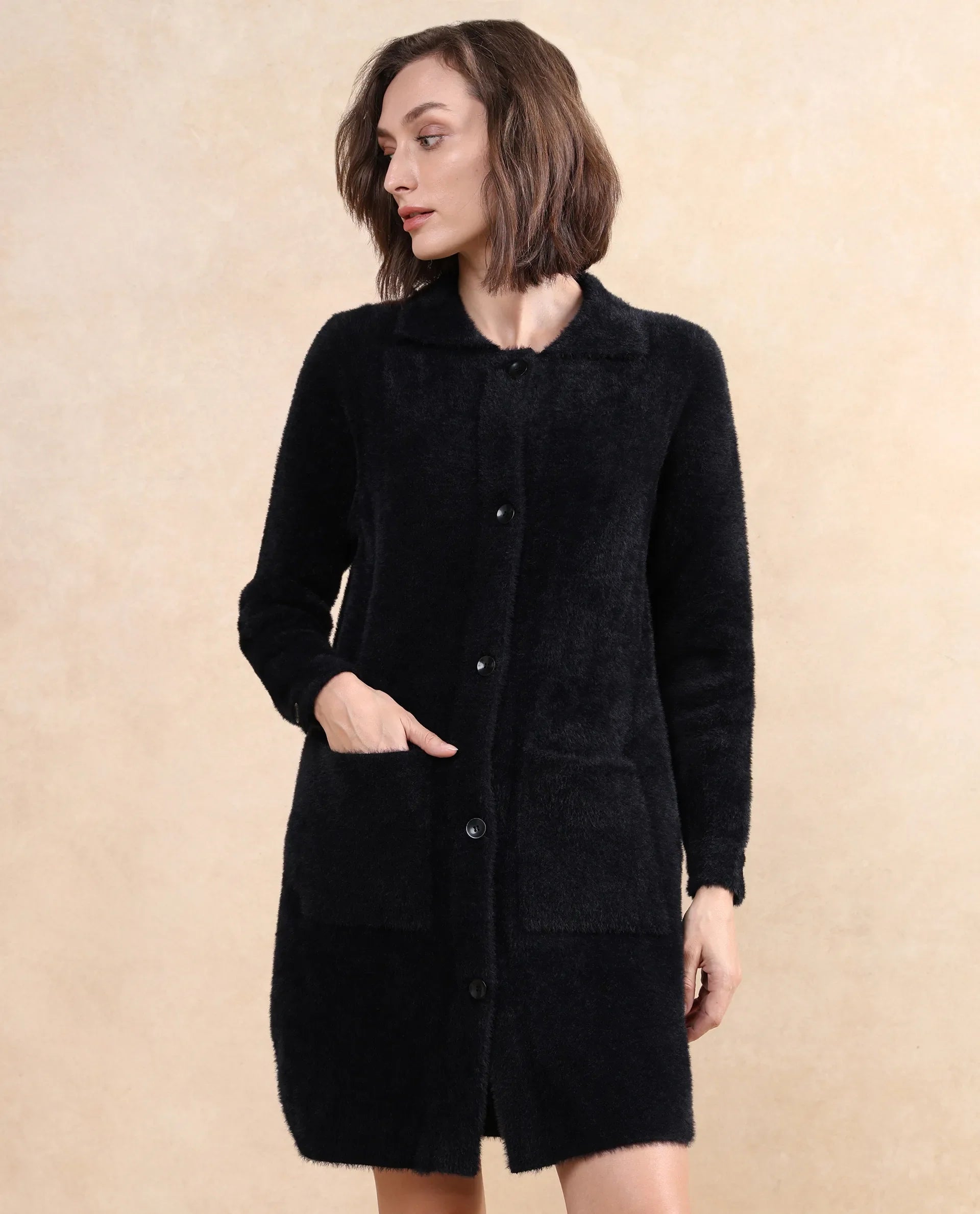 Rareism Women's Polyester Drop Collar Plain Cuffed Sleeve Knee Length Regular Fit Jacket