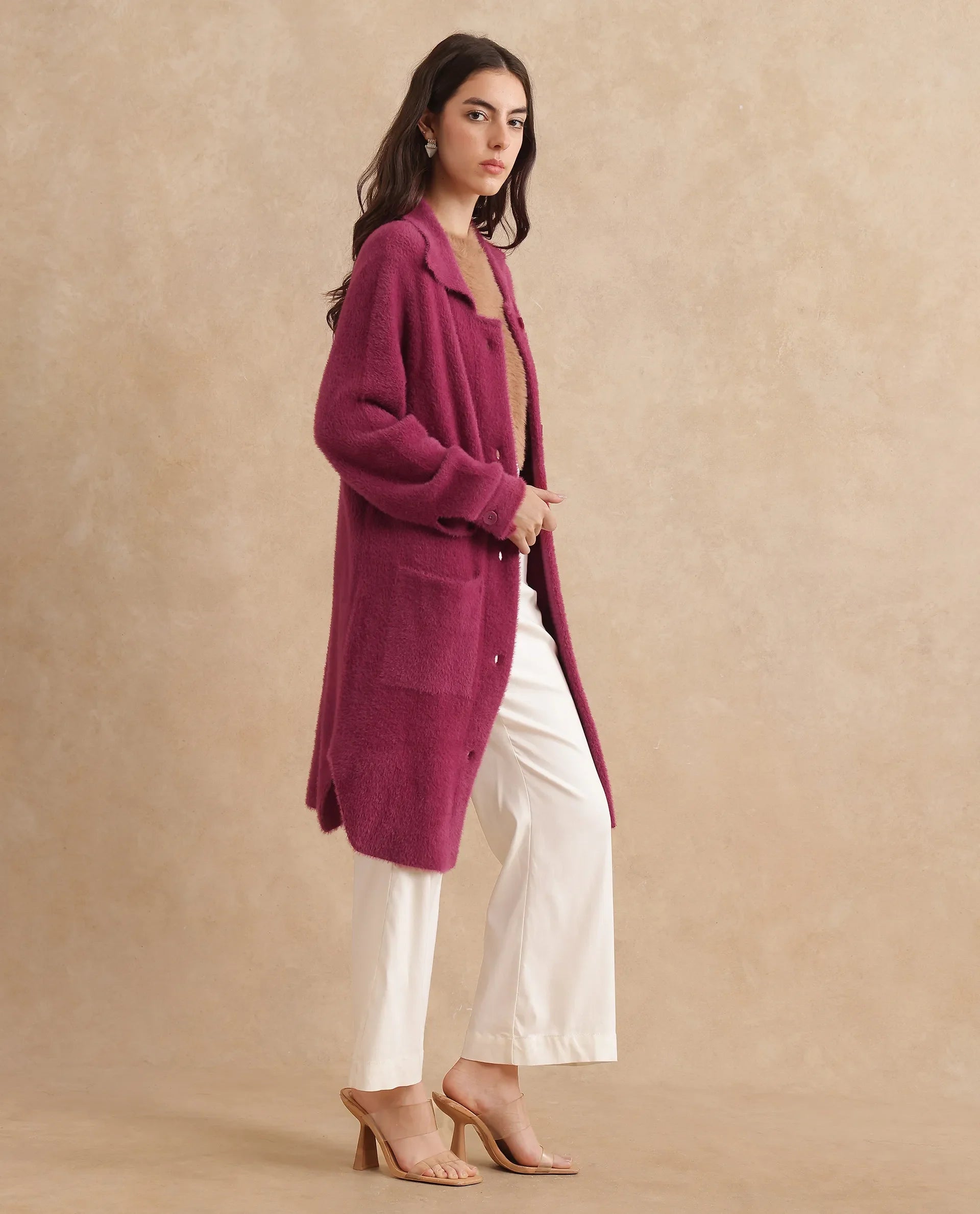 Rareism Women's Krataz Dusky Maroon Polyester Spread Collar Plain Cuffed Sleeve Knee Length Regular Fit Jacket
