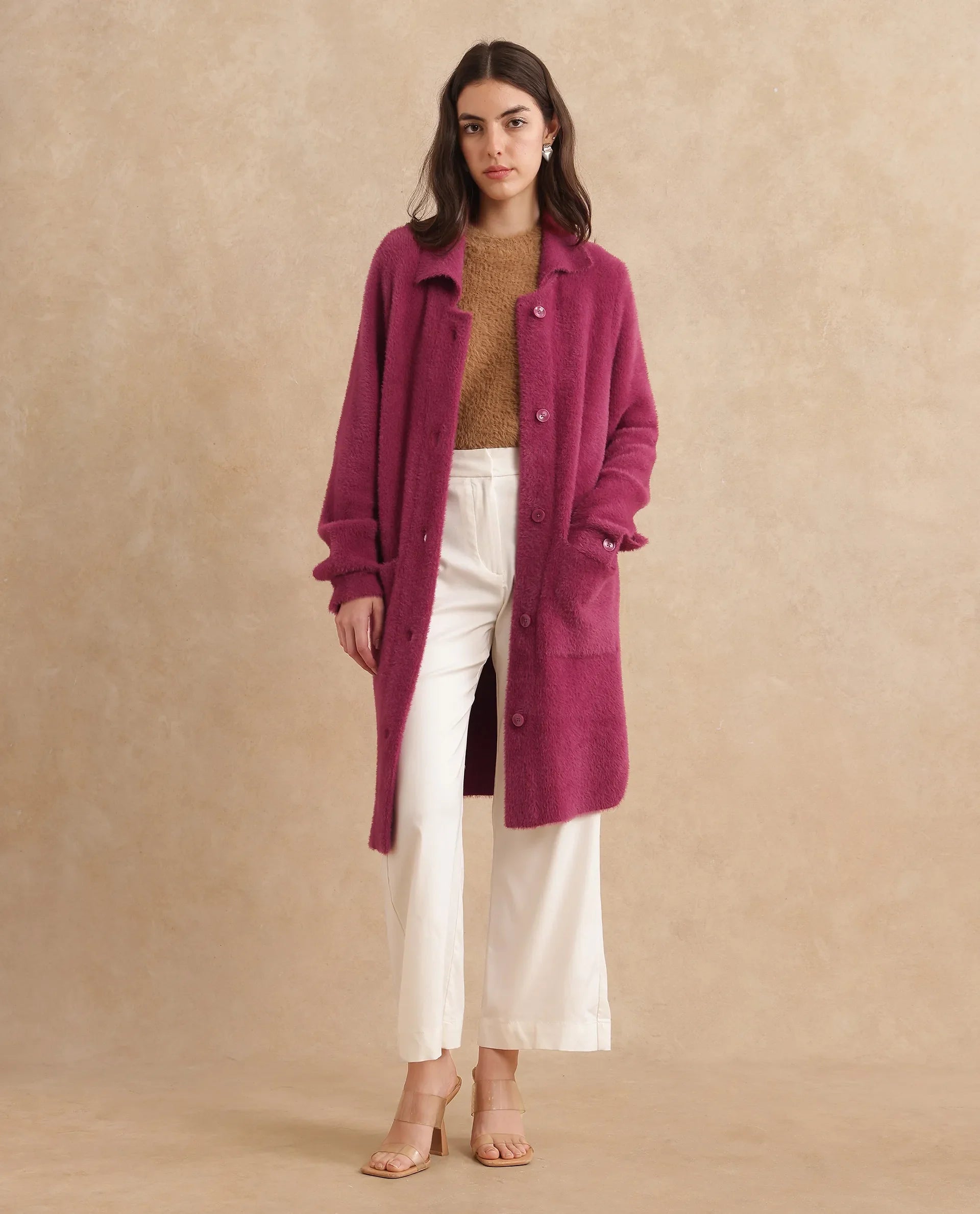 Rareism Women's Krataz Dusky Maroon Polyester Spread Collar Plain Cuffed Sleeve Knee Length Regular Fit Jacket