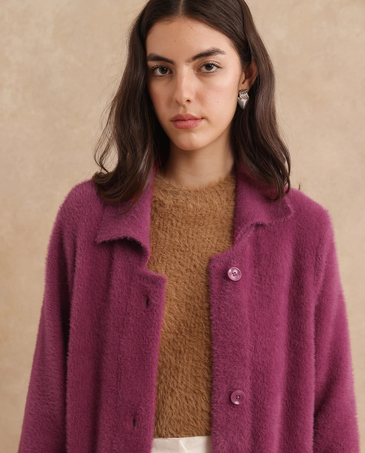 Rareism Women Krataz Dusky Maroon Cuffed Sleeve Collared Neck Button Closure Knee Length Plain Jacket