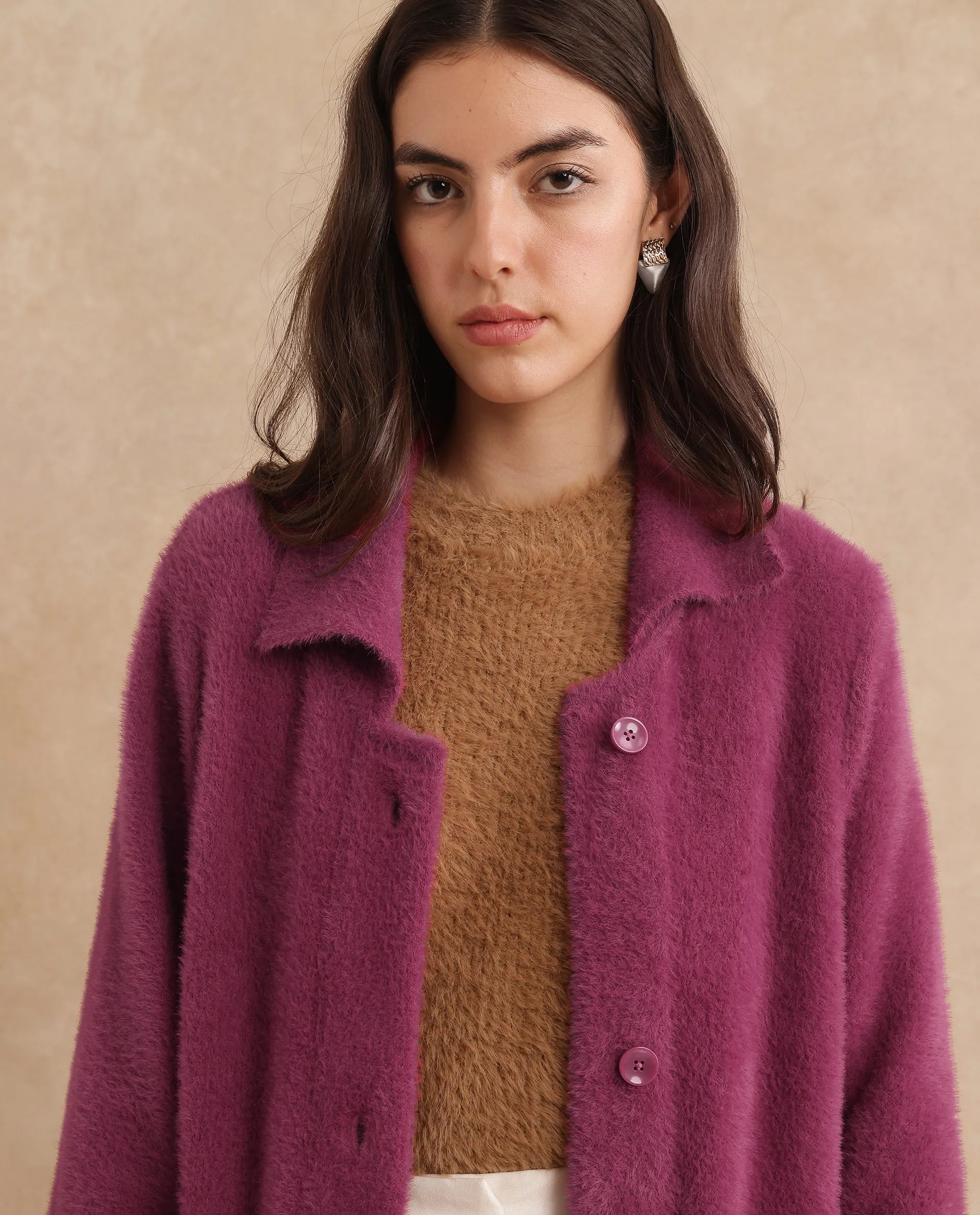 Rareism Women's Krataz Dusky Maroon Polyester Spread Collar Plain Cuffed Sleeve Knee Length Regular Fit Jacket