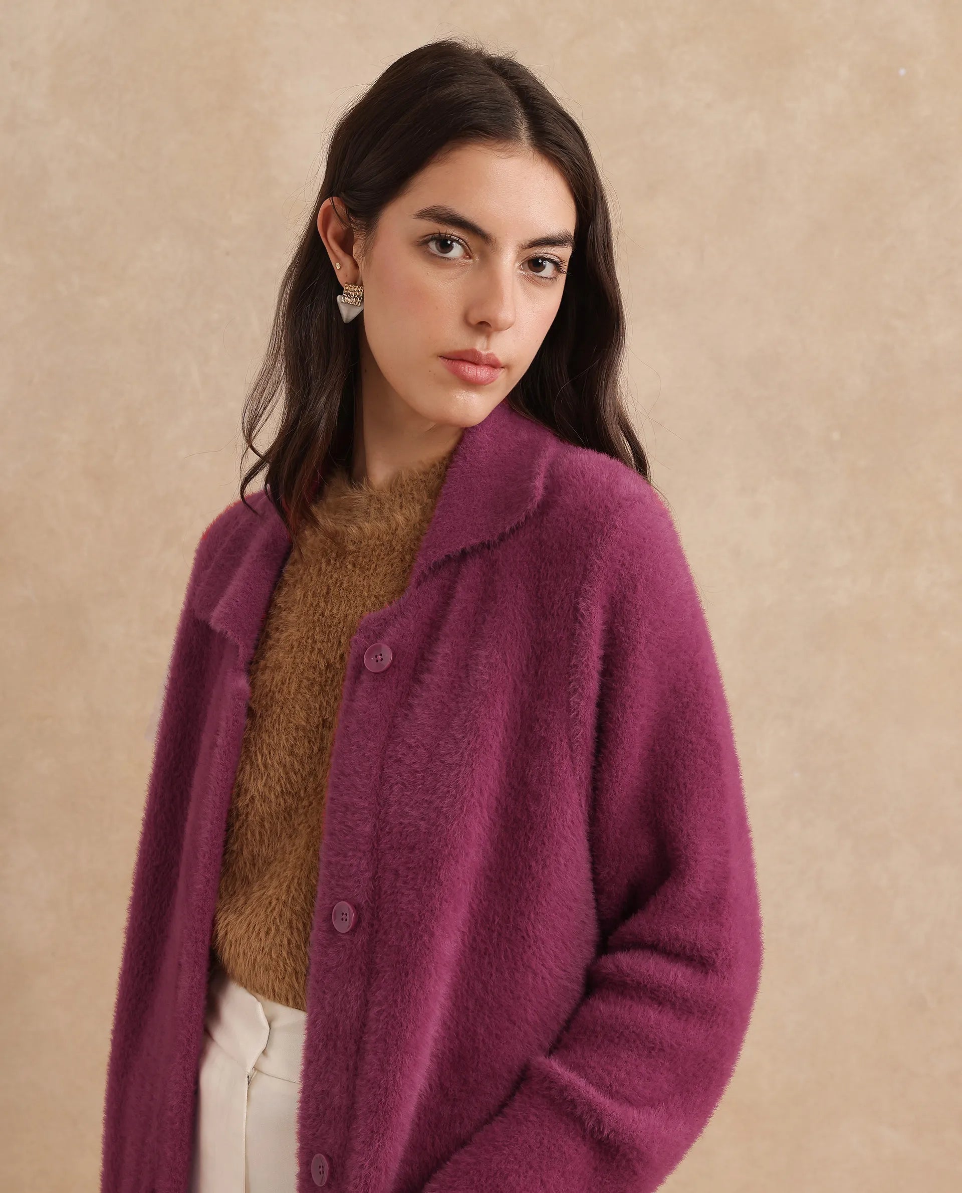 Rareism Women's Krataz Dusky Maroon Polyester Spread Collar Plain Cuffed Sleeve Knee Length Regular Fit Jacket