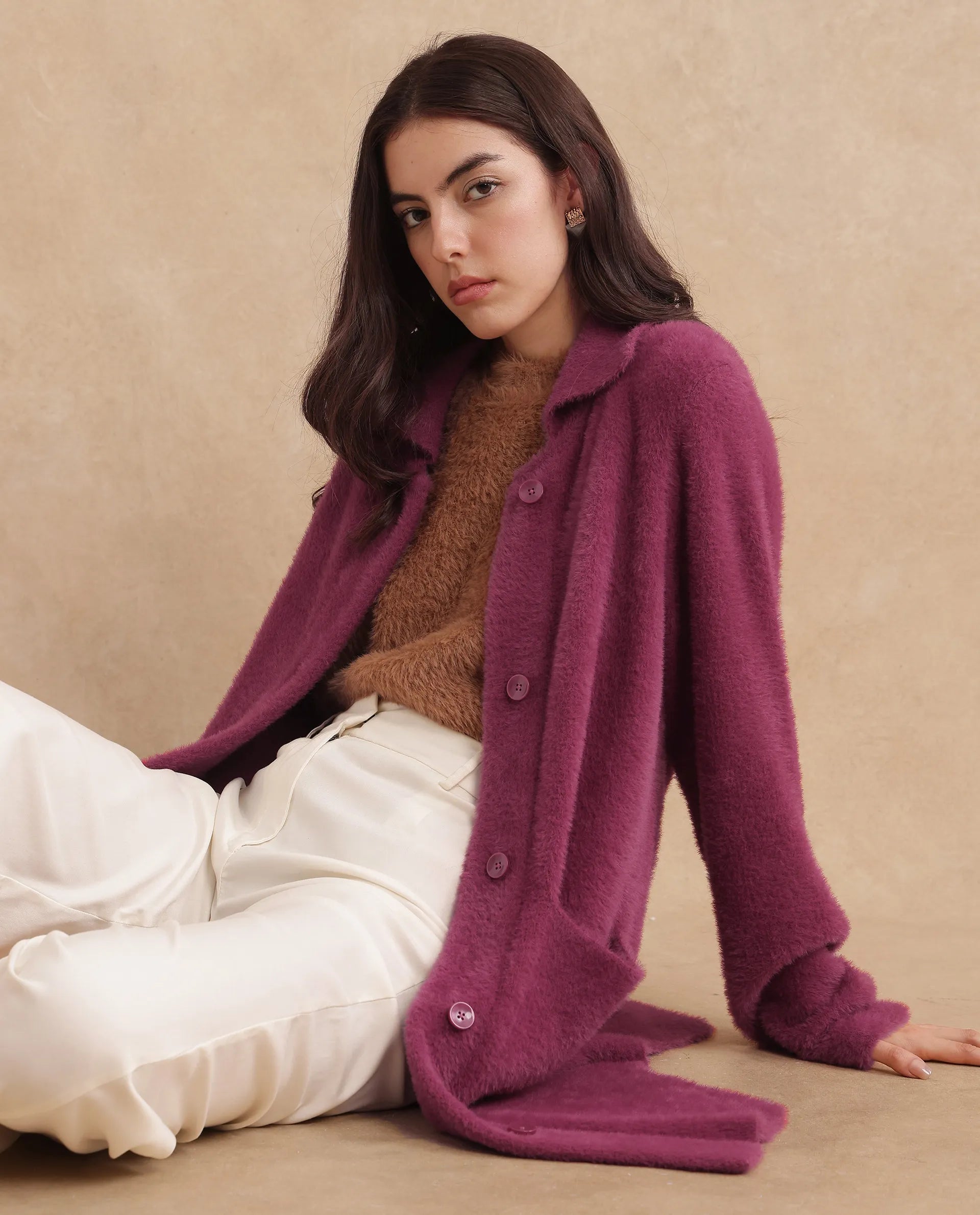 Rareism Women's Krataz Dusky Maroon Polyester Spread Collar Plain Cuffed Sleeve Knee Length Regular Fit Jacket
