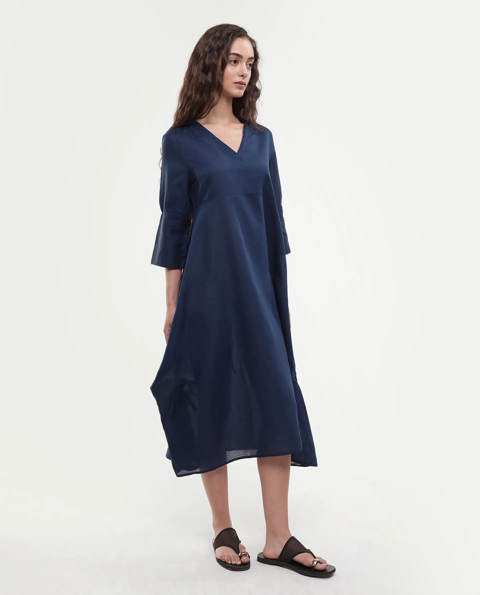 Rareism Women's Krick Navy Modal Blend V-Neck Plain Midi Relaxed Fit Dress