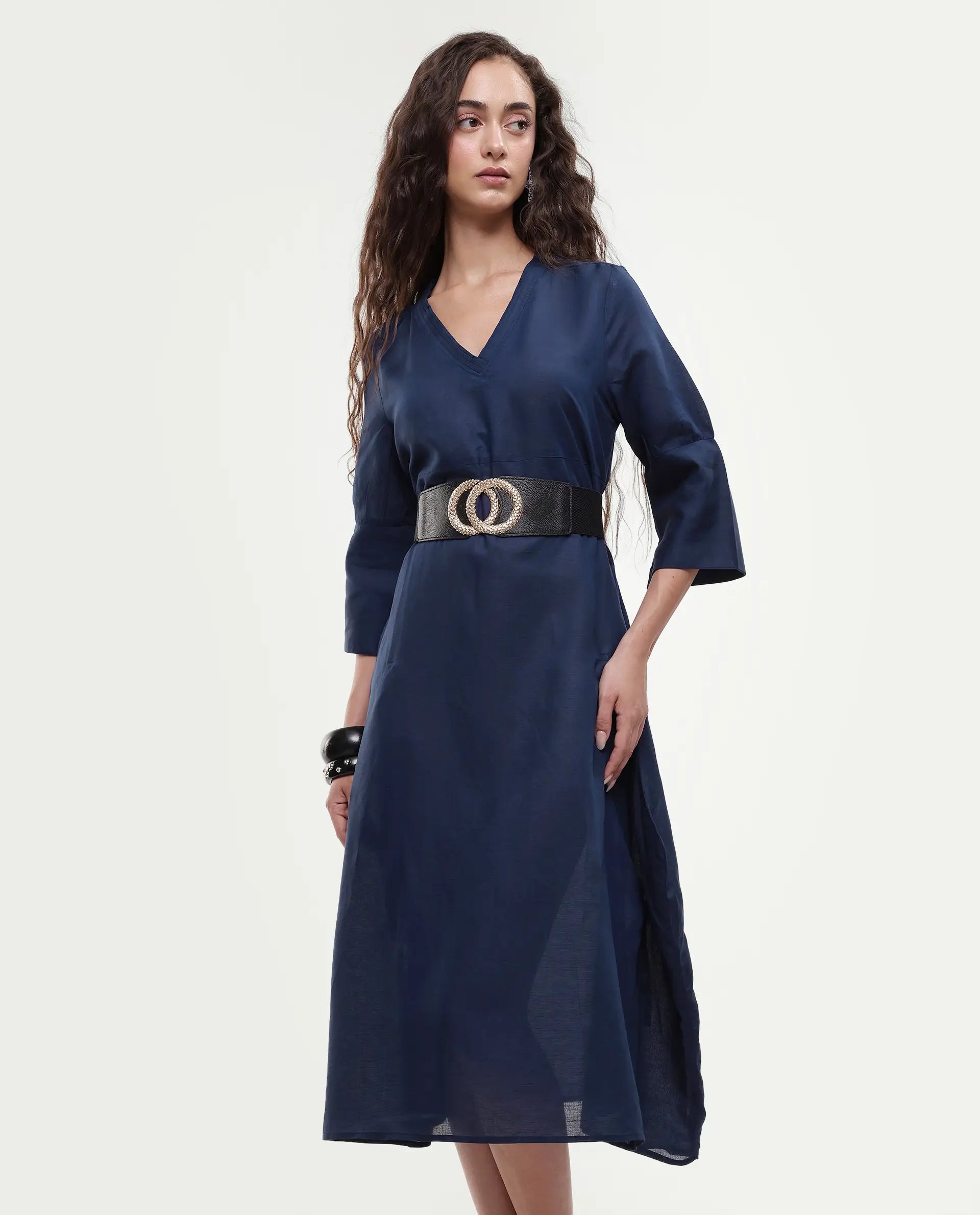 Rareism Women's Krick Navy Modal Blend V-Neck Plain Midi Relaxed Fit Dress