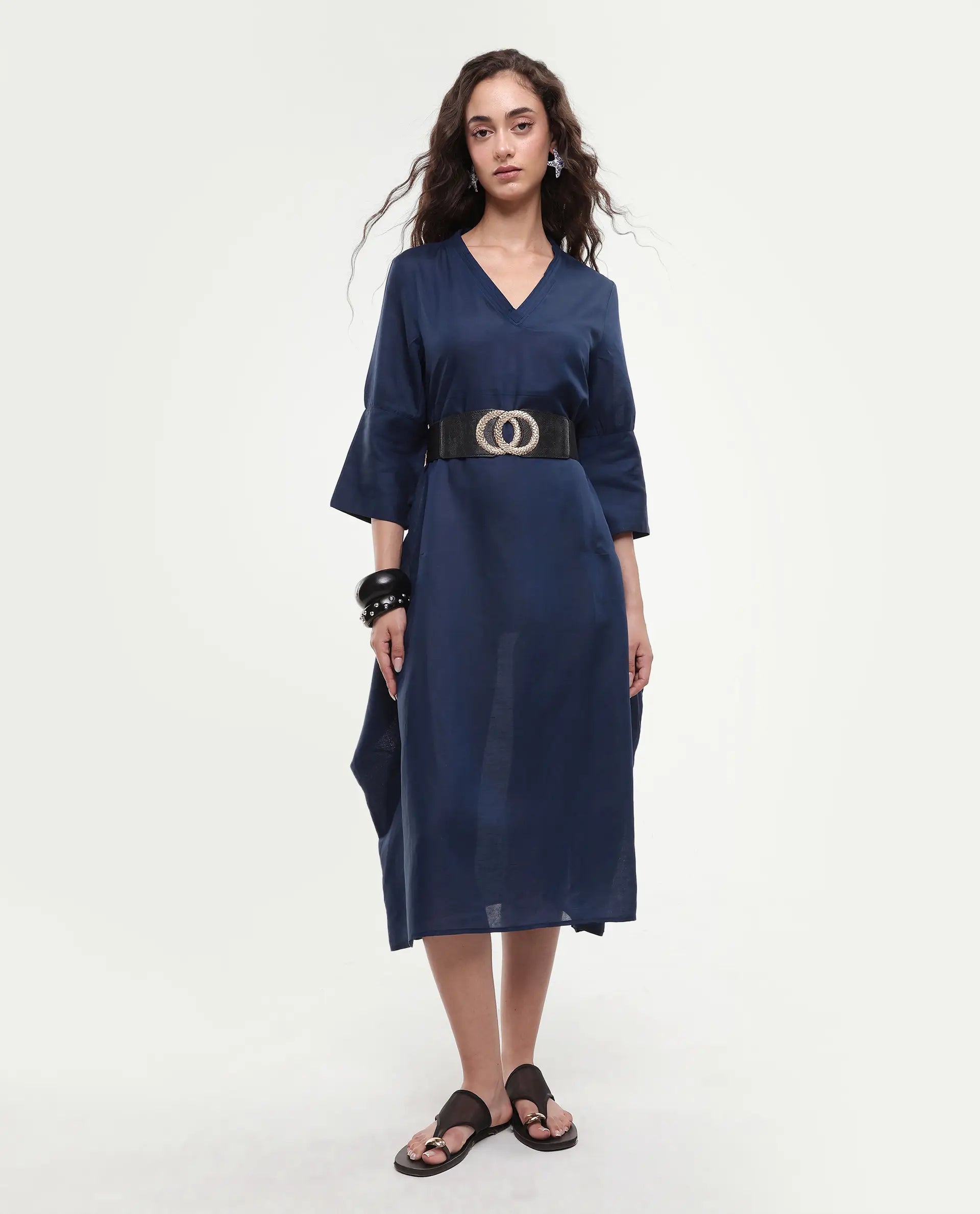 Rareism Women's Krick Navy Modal Blend V-Neck Plain Midi Relaxed Fit Dress