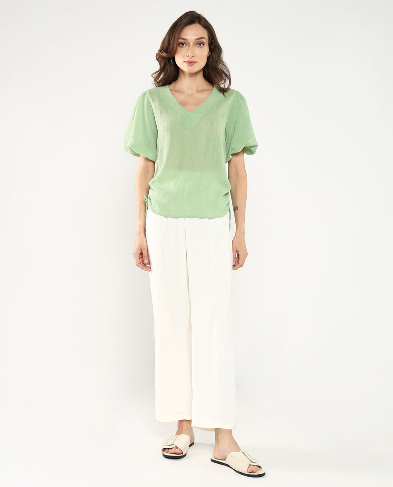 Rareism Women Krien Light Green Balloon Sleeve V-Neck Plain Top