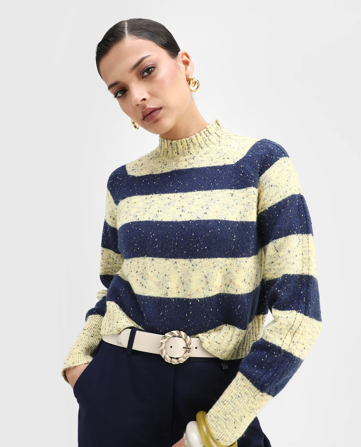 Rareism Women's Kris Light Yellow Acrylic Blend High Neck Striped Relaxed Fit Sweater