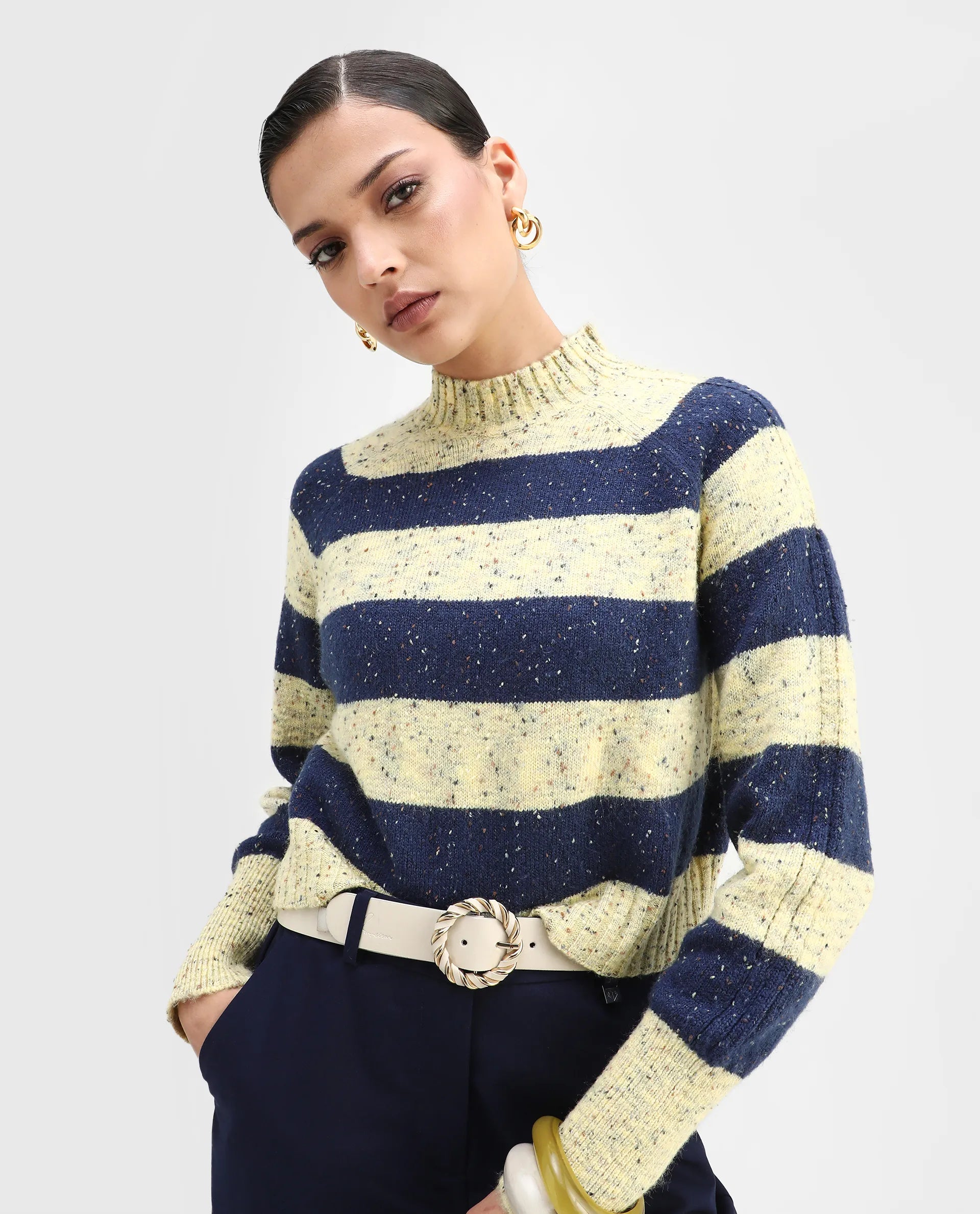 Rareism Women's Kris Light Yellow Acrylic Blend High Neck Striped Relaxed Fit Sweater