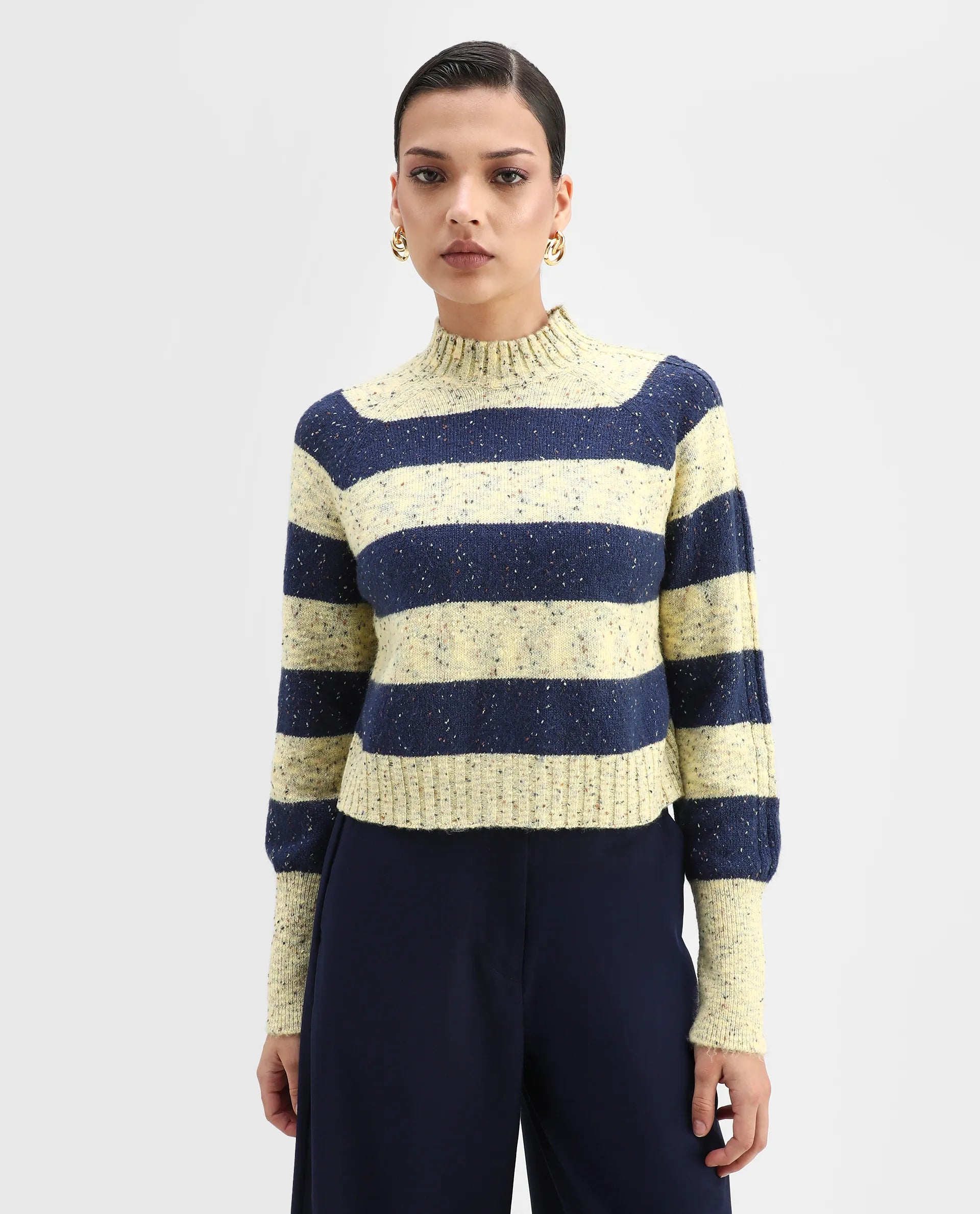 Rareism Women's Kris Light Yellow Acrylic Blend High Neck Striped Relaxed Fit Sweater