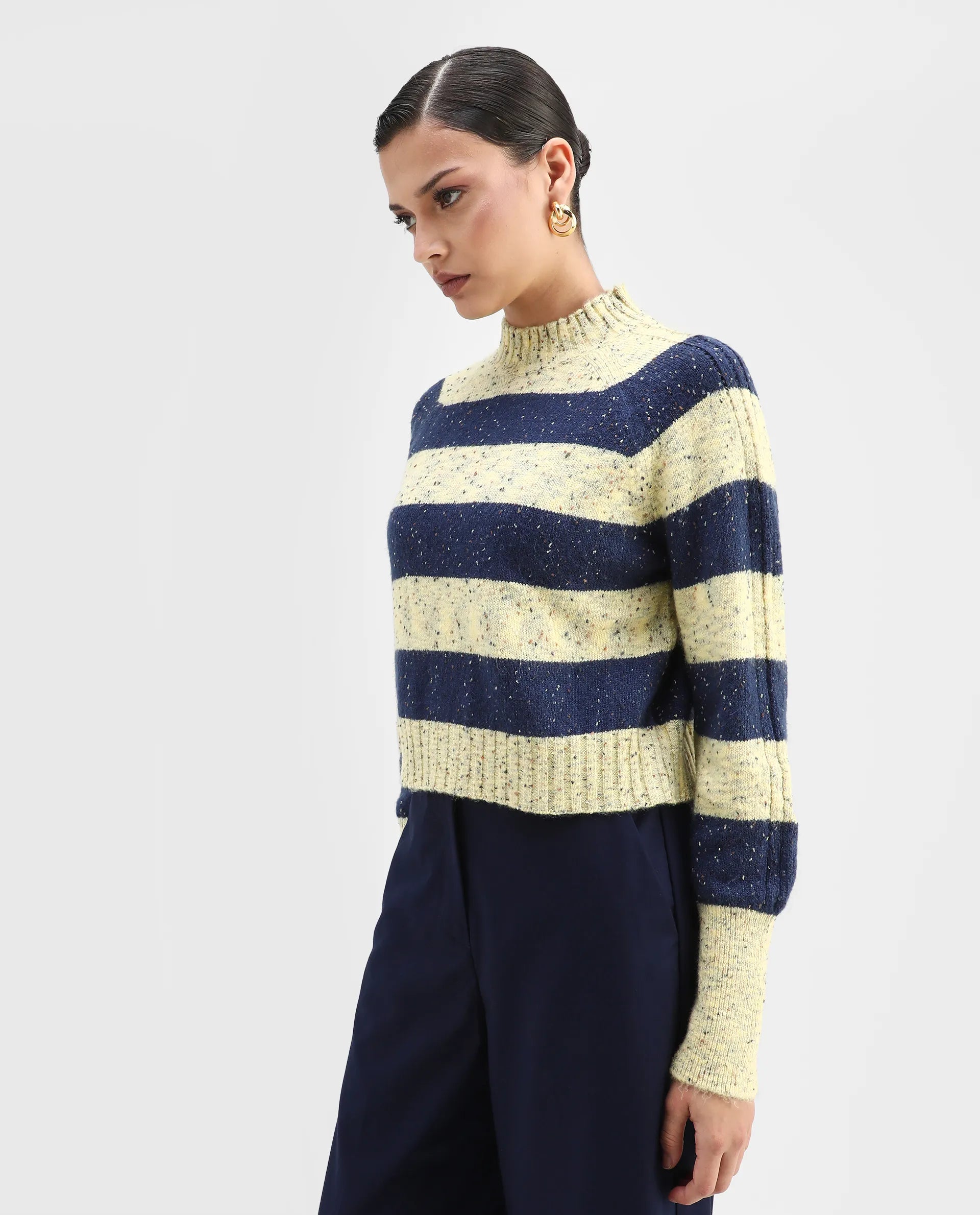 Rareism Women's Kris Light Yellow Acrylic Blend High Neck Striped Relaxed Fit Sweater