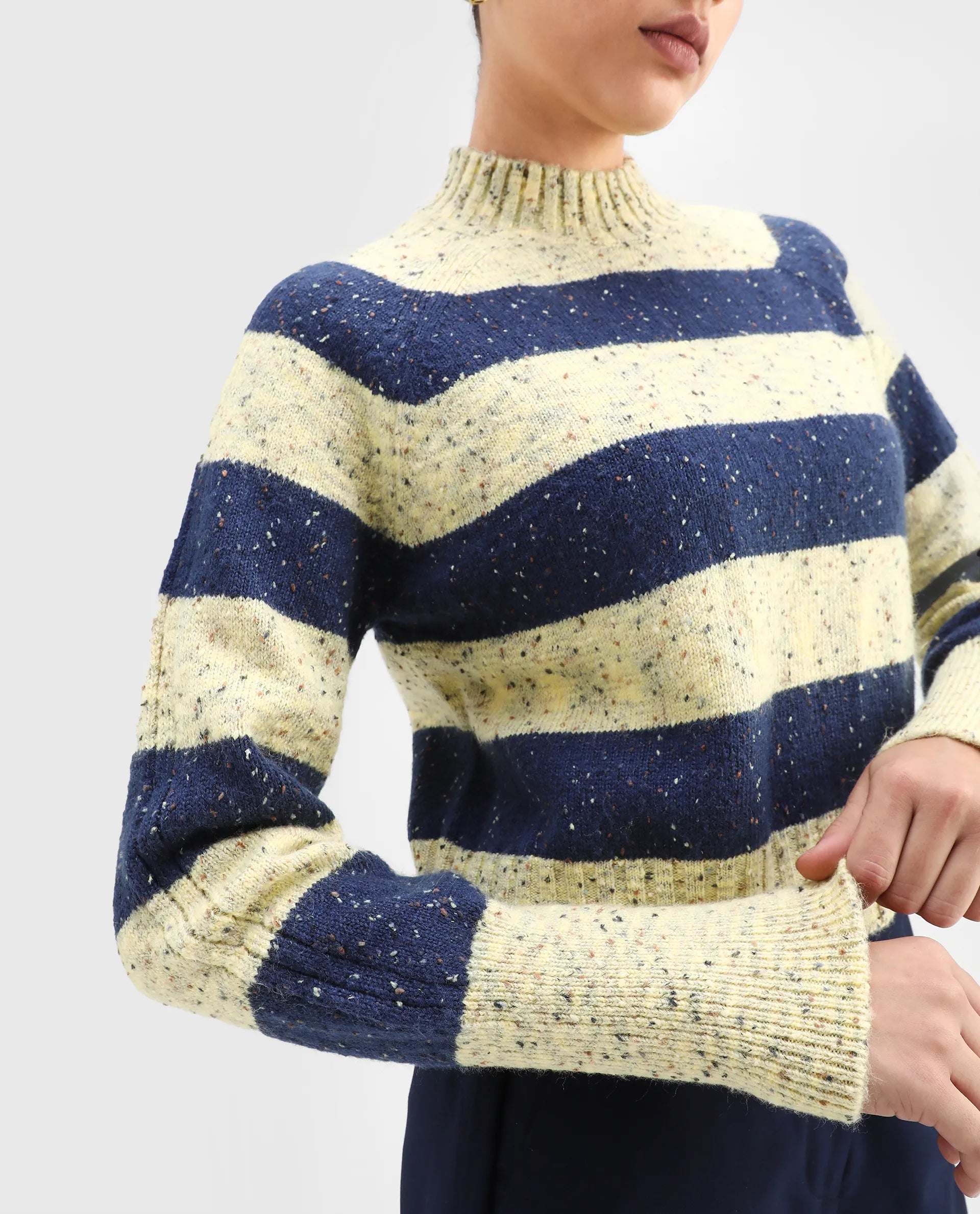 Rareism Women's Kris Light Yellow Acrylic Blend High Neck Striped Relaxed Fit Sweater