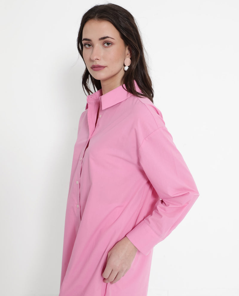 Rareism Women's Krism Light Pink Cuffed Sleeve Collared Neck Button Closure Relaxed Fit Mini Plain Dress