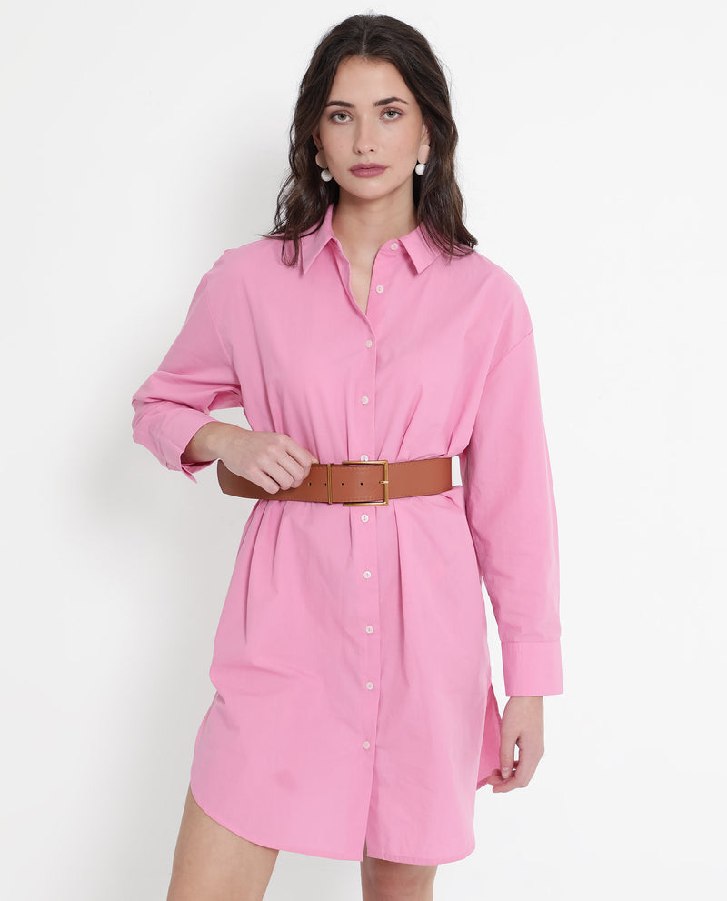Rareism Women's Krism Light Pink Cuffed Sleeve Collared Neck Button Closure Relaxed Fit Mini Plain Dress