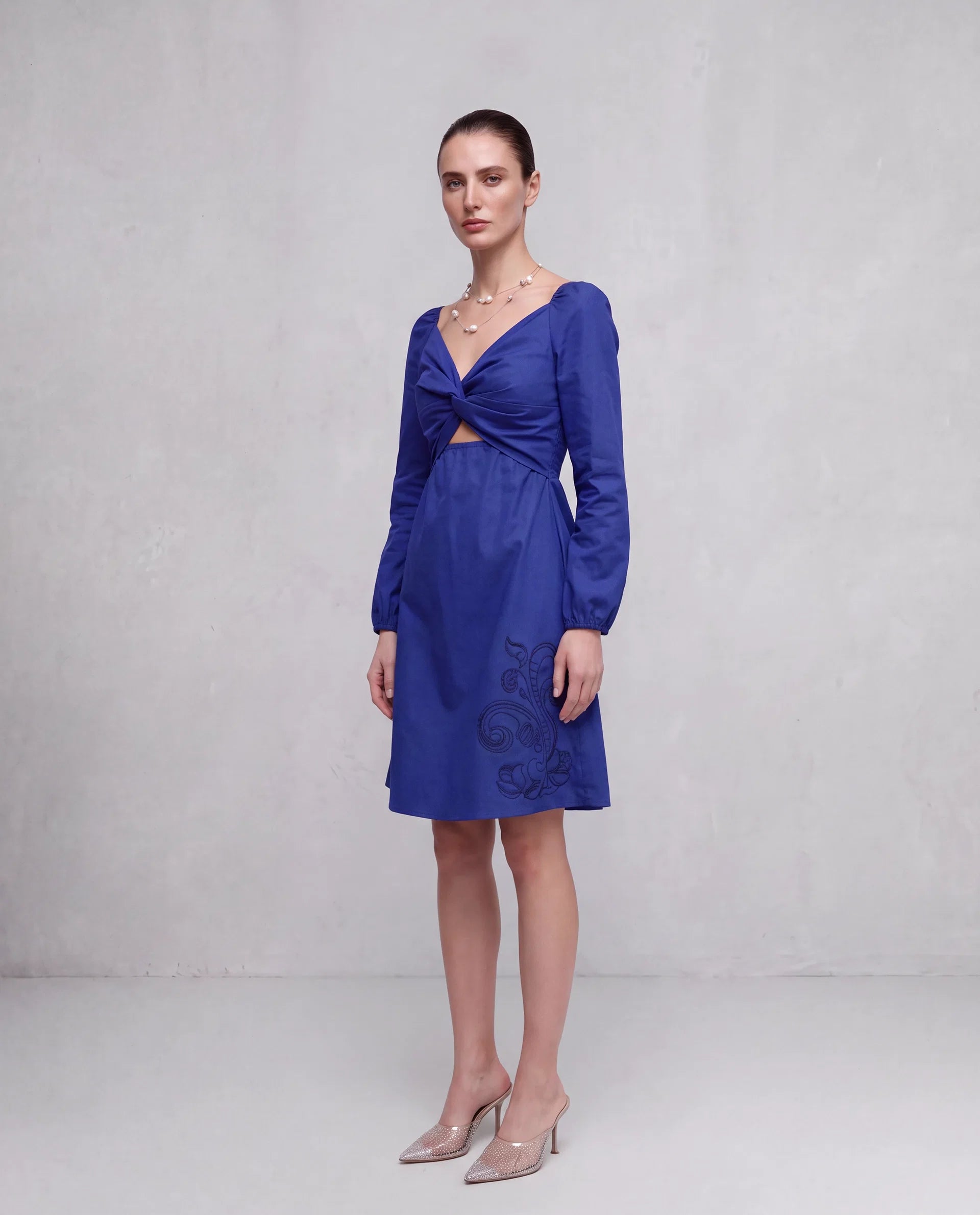 Rareism Women's Krite Navy Cotton Fabric V-Neck Fit And Flare Embroidered Dress