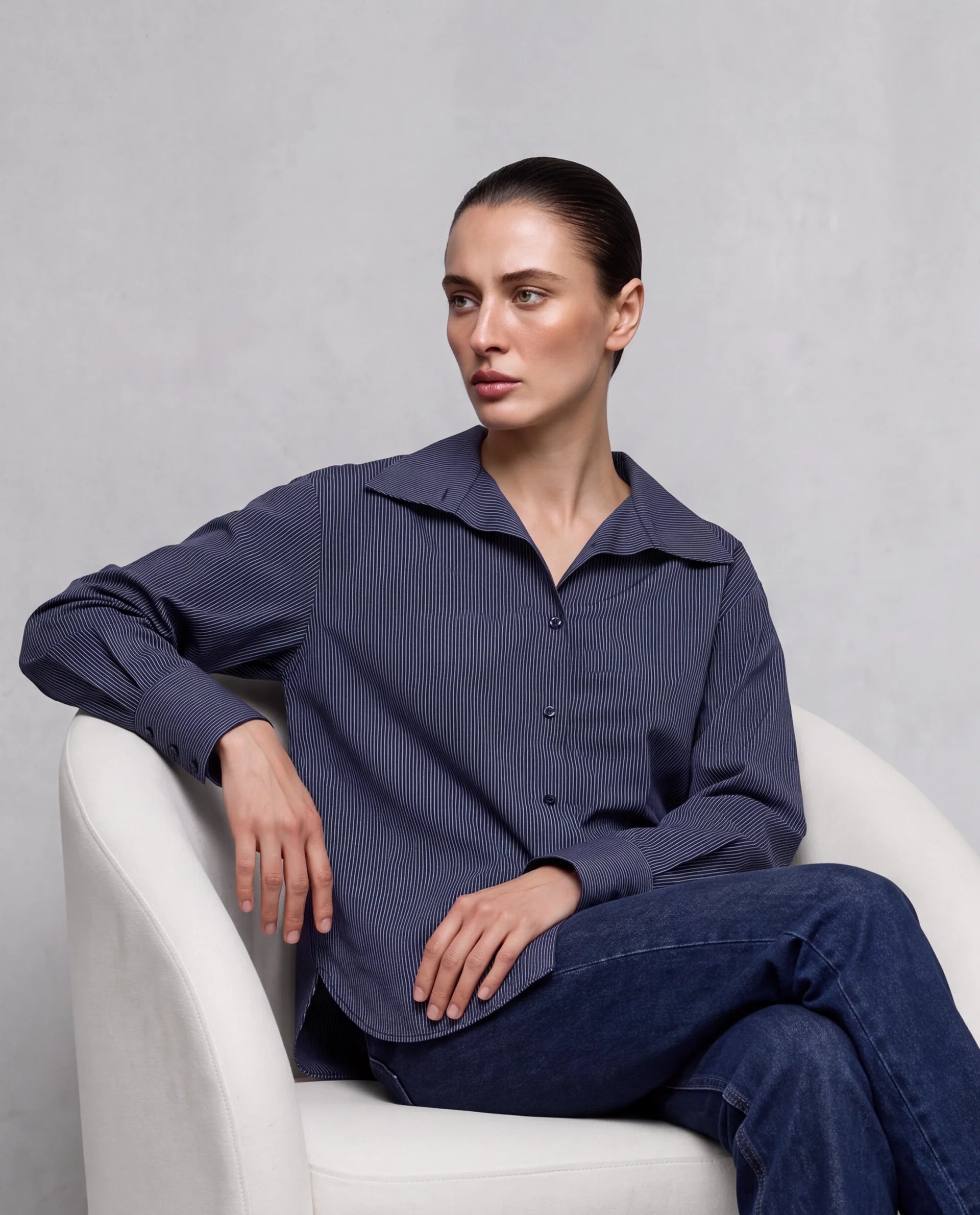 Rareism Women's Krome Blue Cotton Spread Collar Relaxed Striped Shirt