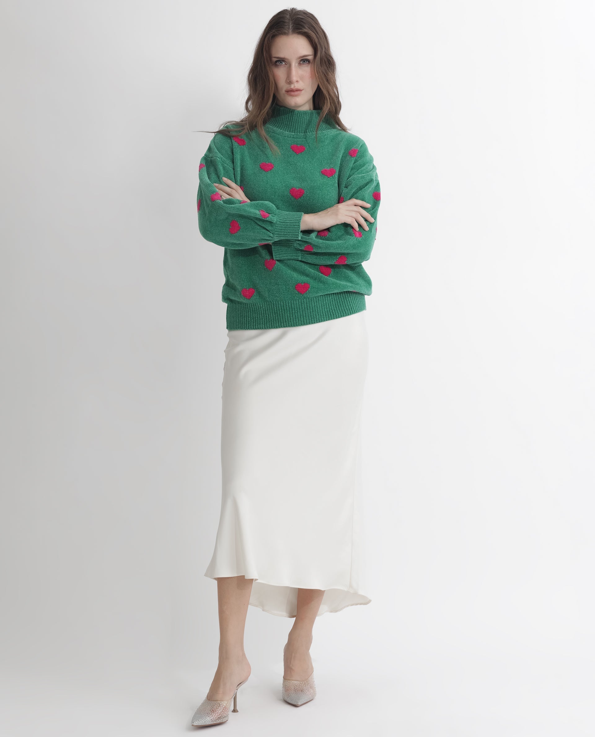 Rareism Women Kuhre Green Polyester Fabric Full Sleeves Regular Fit Color Blocked High Neck Sweater