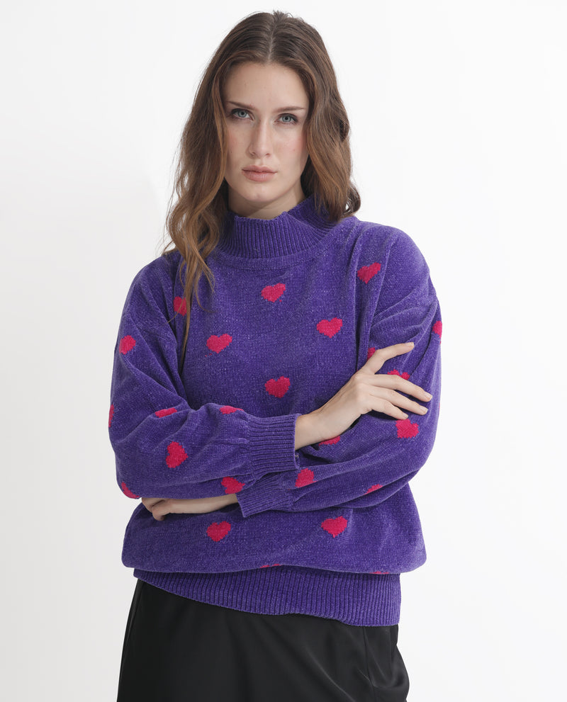 Rareism Women Kuhre Purple Polyester Fabric Full Sleeves Regular Fit Color Blocked High Neck Sweater