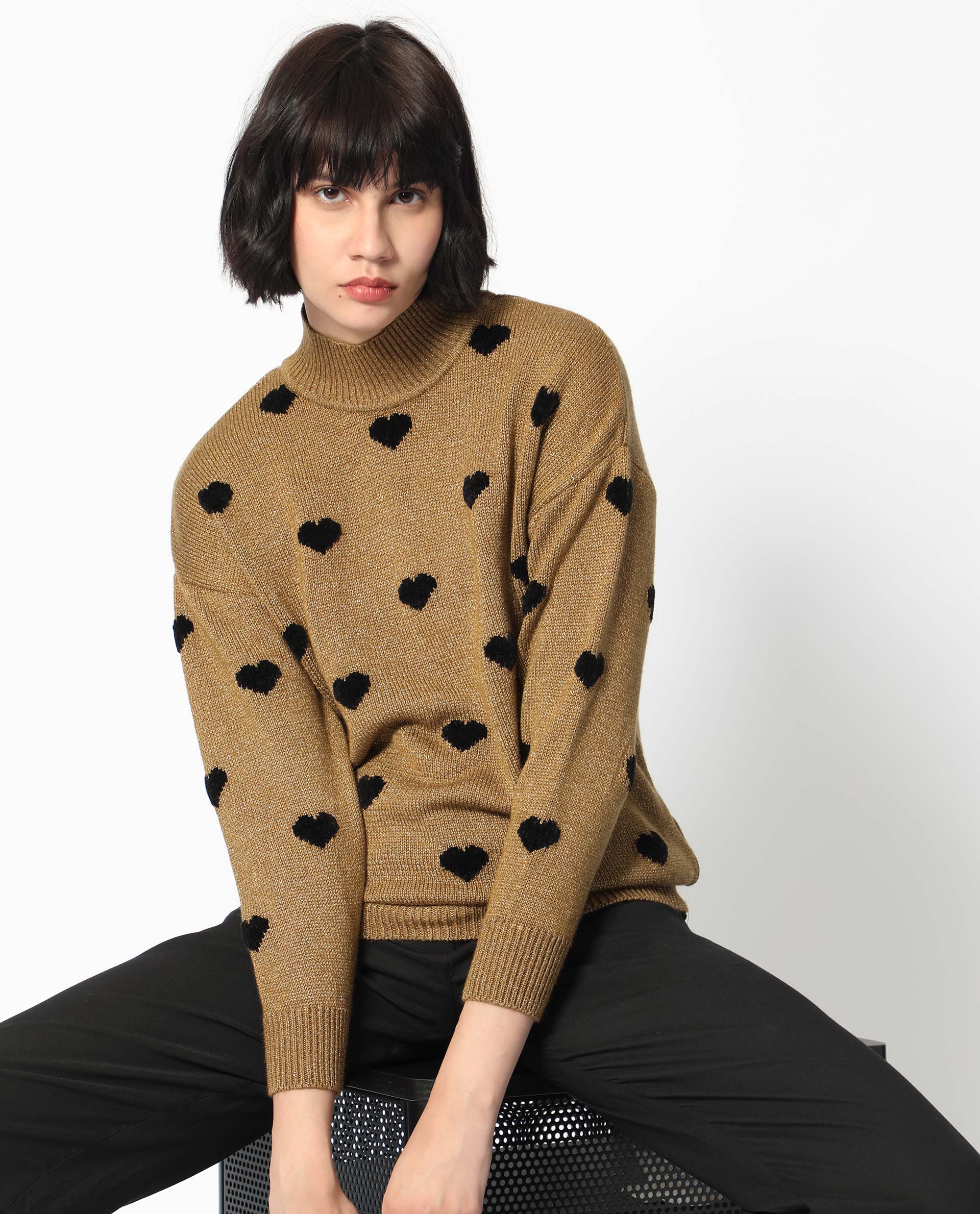 Rareism Women Kuhret Gold Acrylic Fabric Full Sleeves High Neck Regular Fit Geometric Print Sweater