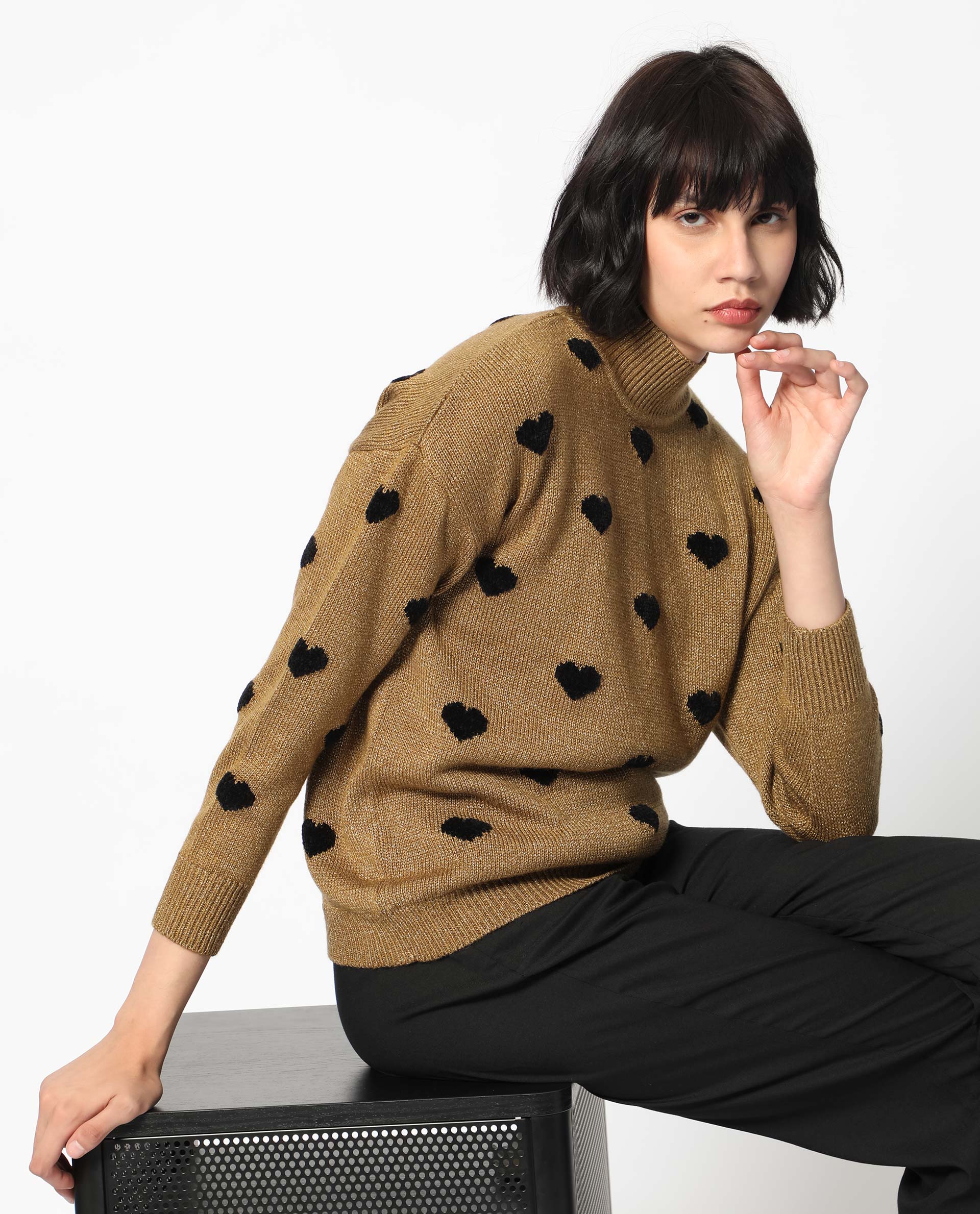Rareism Women's Kuhret Gold Acrylic High Neck Geometric Print Regular Fit Sweater