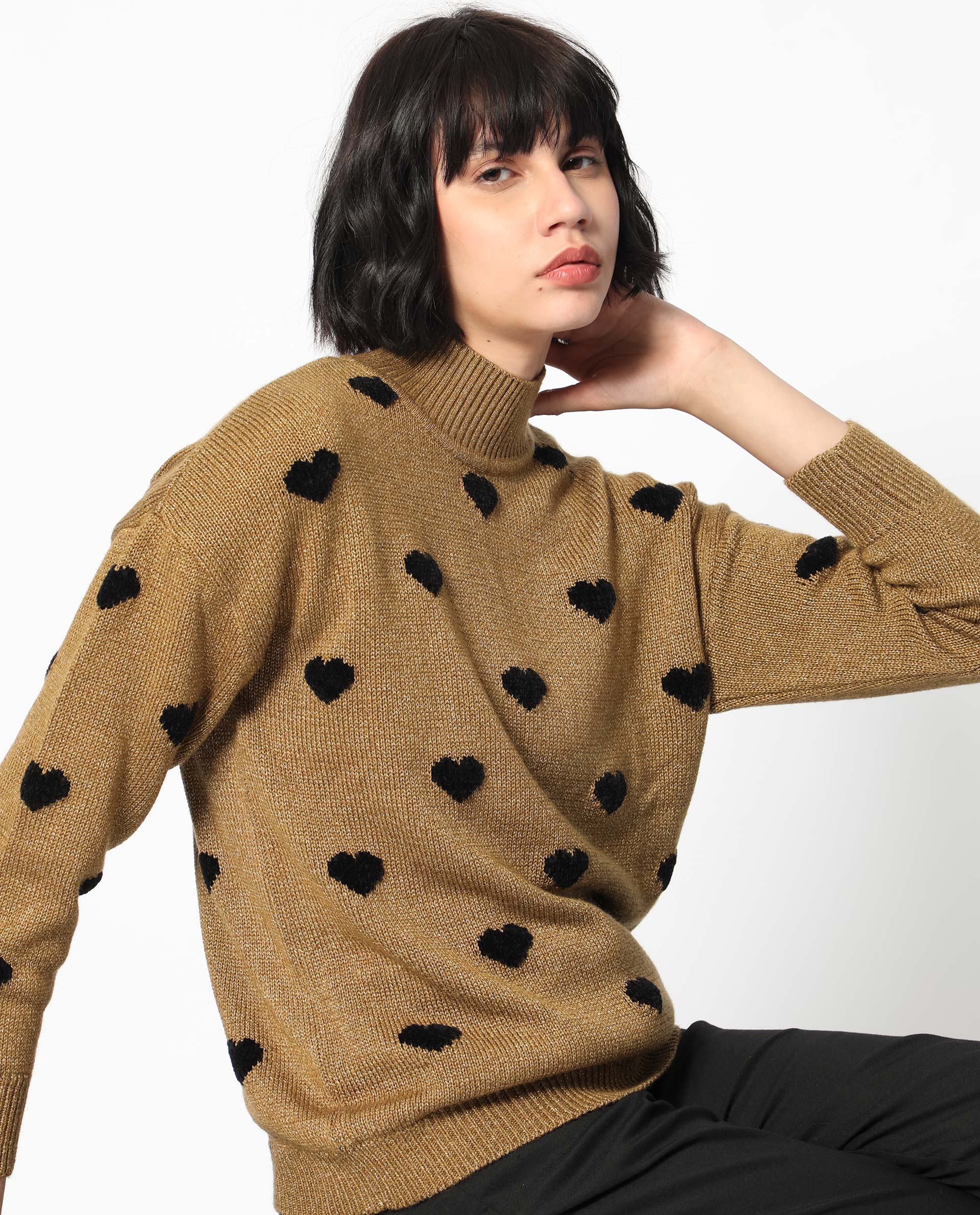 Rareism Women Kuhret Gold Acrylic Fabric Full Sleeves High Neck Regular Fit Geometric Print Sweater