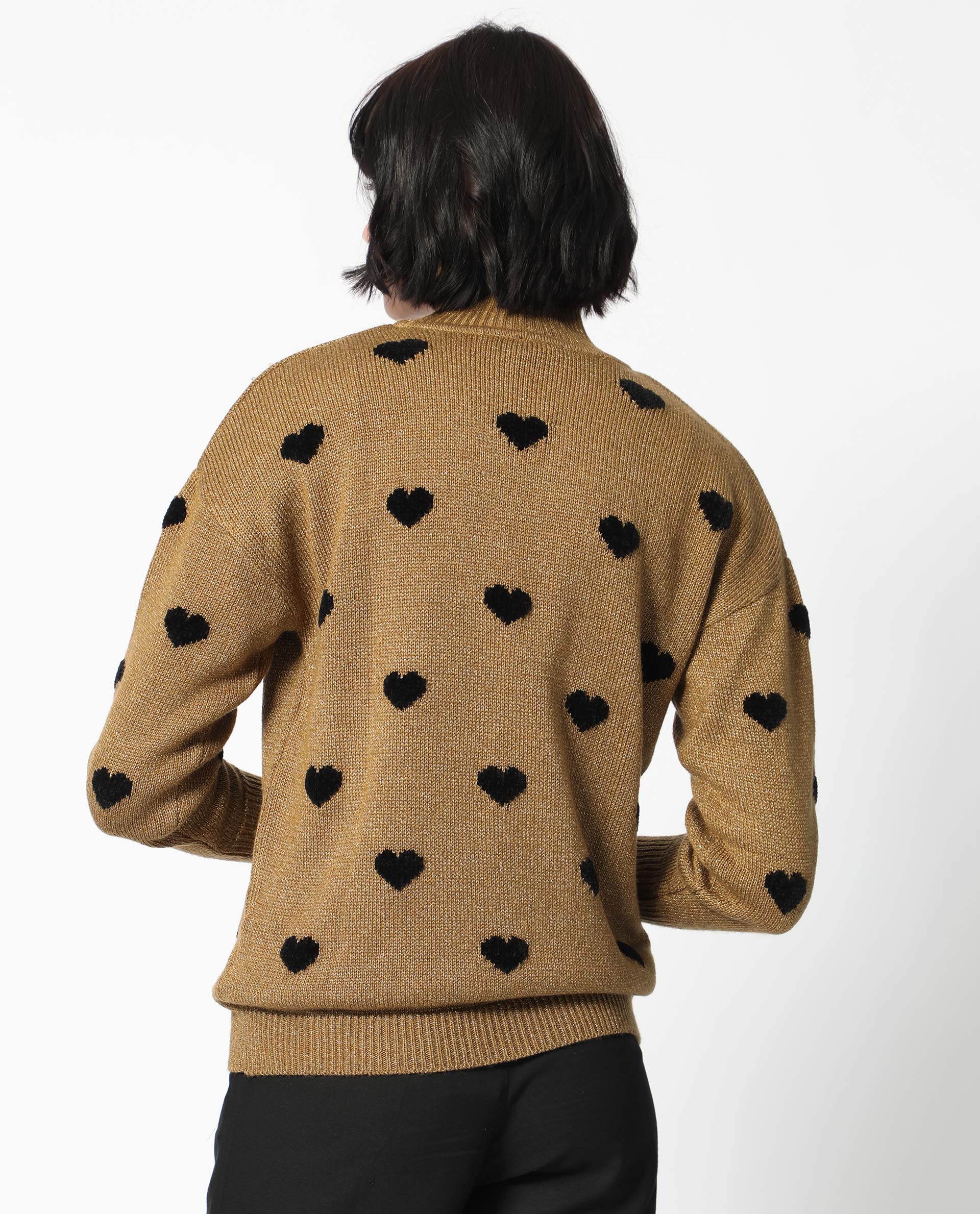 Rareism Women's Kuhret Gold Acrylic High Neck Geometric Print Regular Fit Sweater