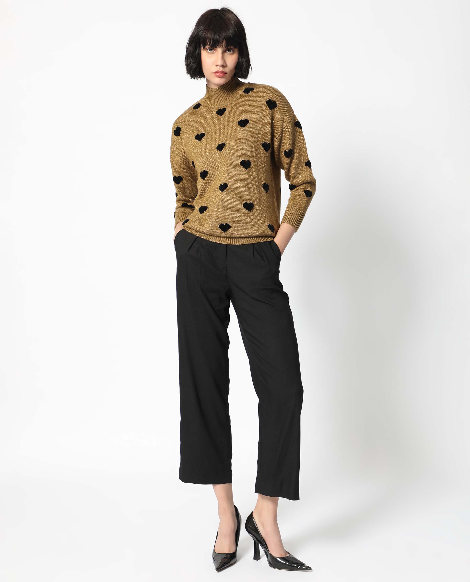 Rareism Women's Kuhret Gold Acrylic High Neck Geometric Print Regular Fit Sweater
