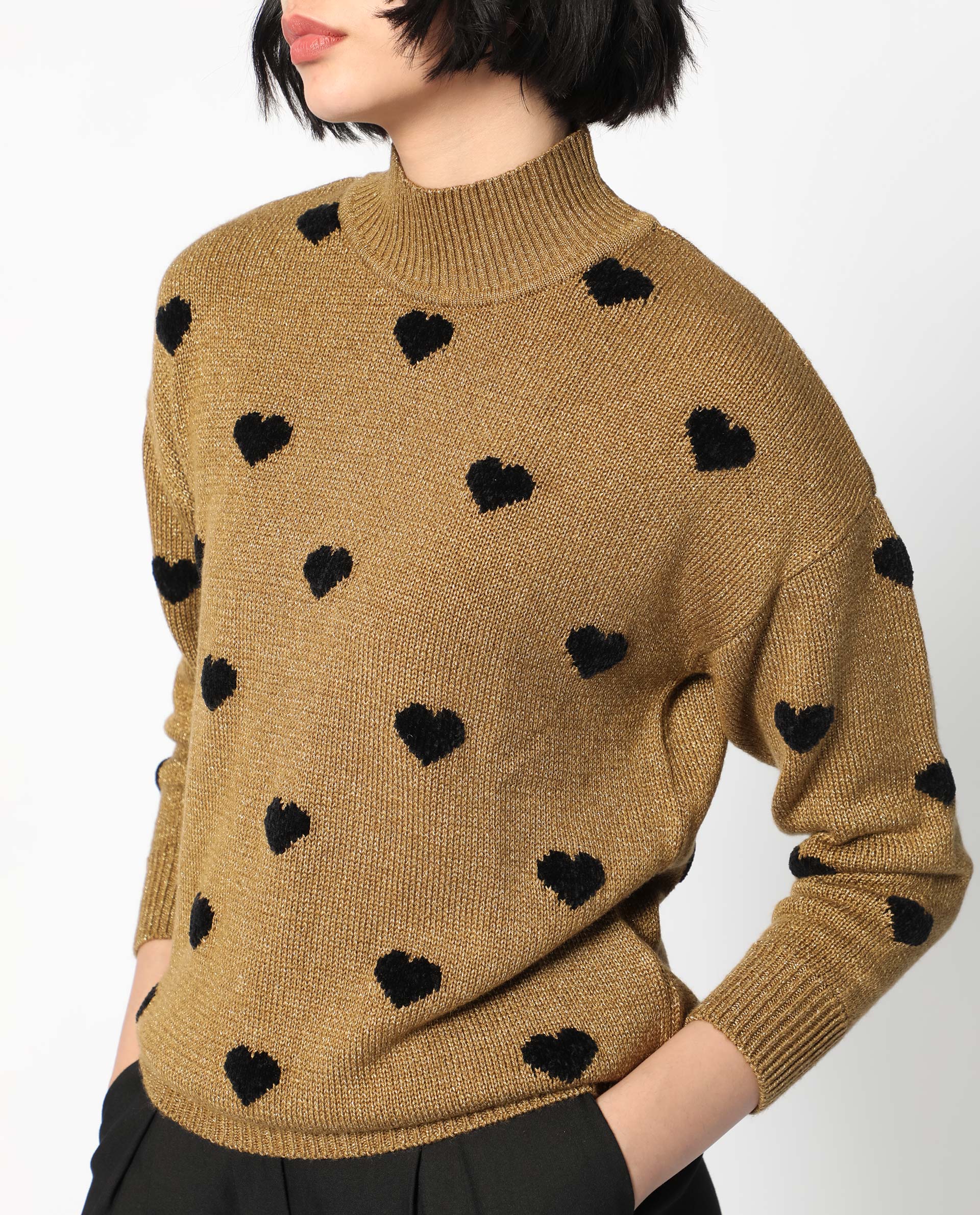 Rareism Women Kuhret Gold Acrylic Fabric Full Sleeves High Neck Regular Fit Geometric Print Sweater