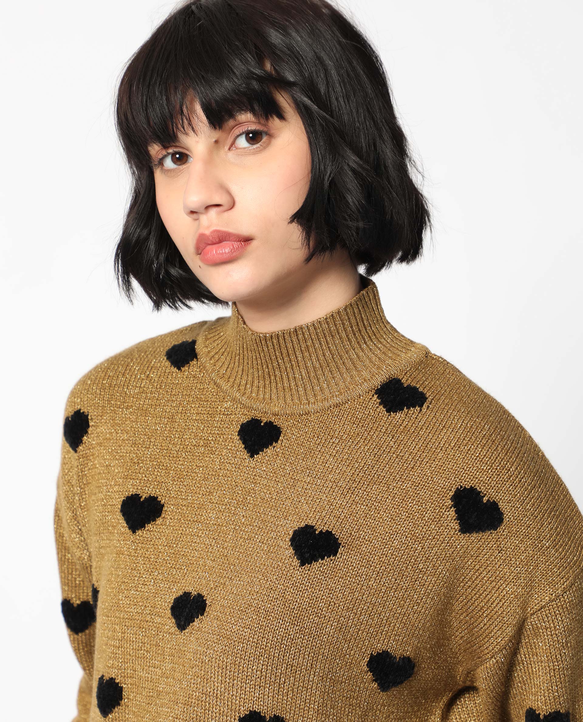 Rareism Women's Kuhret Gold Acrylic High Neck Geometric Print Regular Fit Sweater