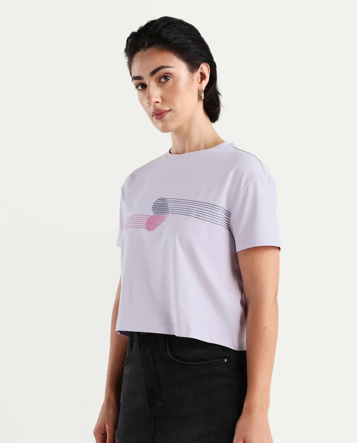 Rareism Women's Kuncro Pastel Purple Cotton Blend Crew Neck Graphic Print Crop Regular Fit T-Shirt