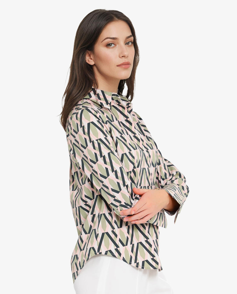 Rareism Women Kuvin Multi Cuffed Sleeve Collared Collar Button Geometric Print Shirt