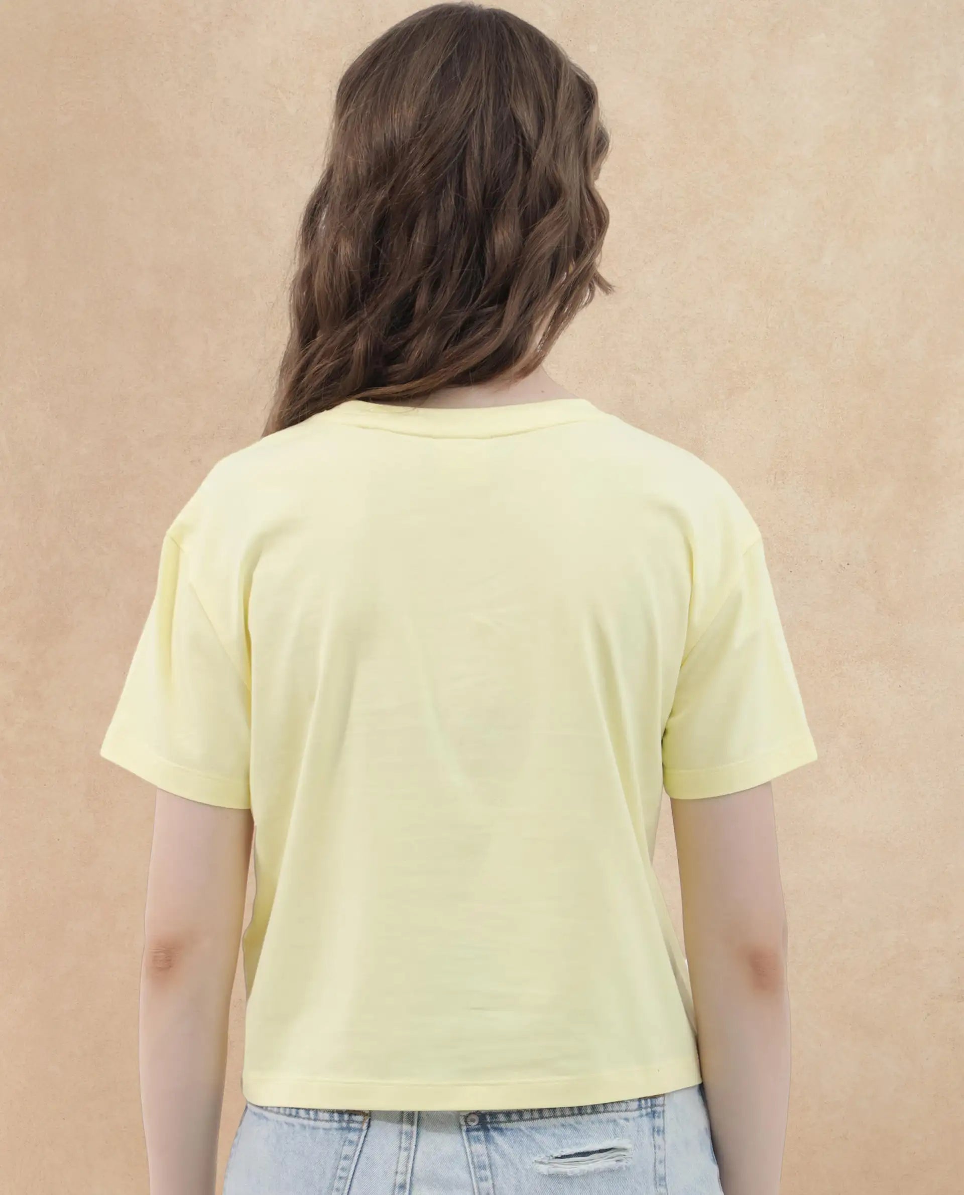 Rareism Women's Kuncro Yellow Cotton Blend Crew Neck Graphic Print Crop Regular Fit T-Shirt