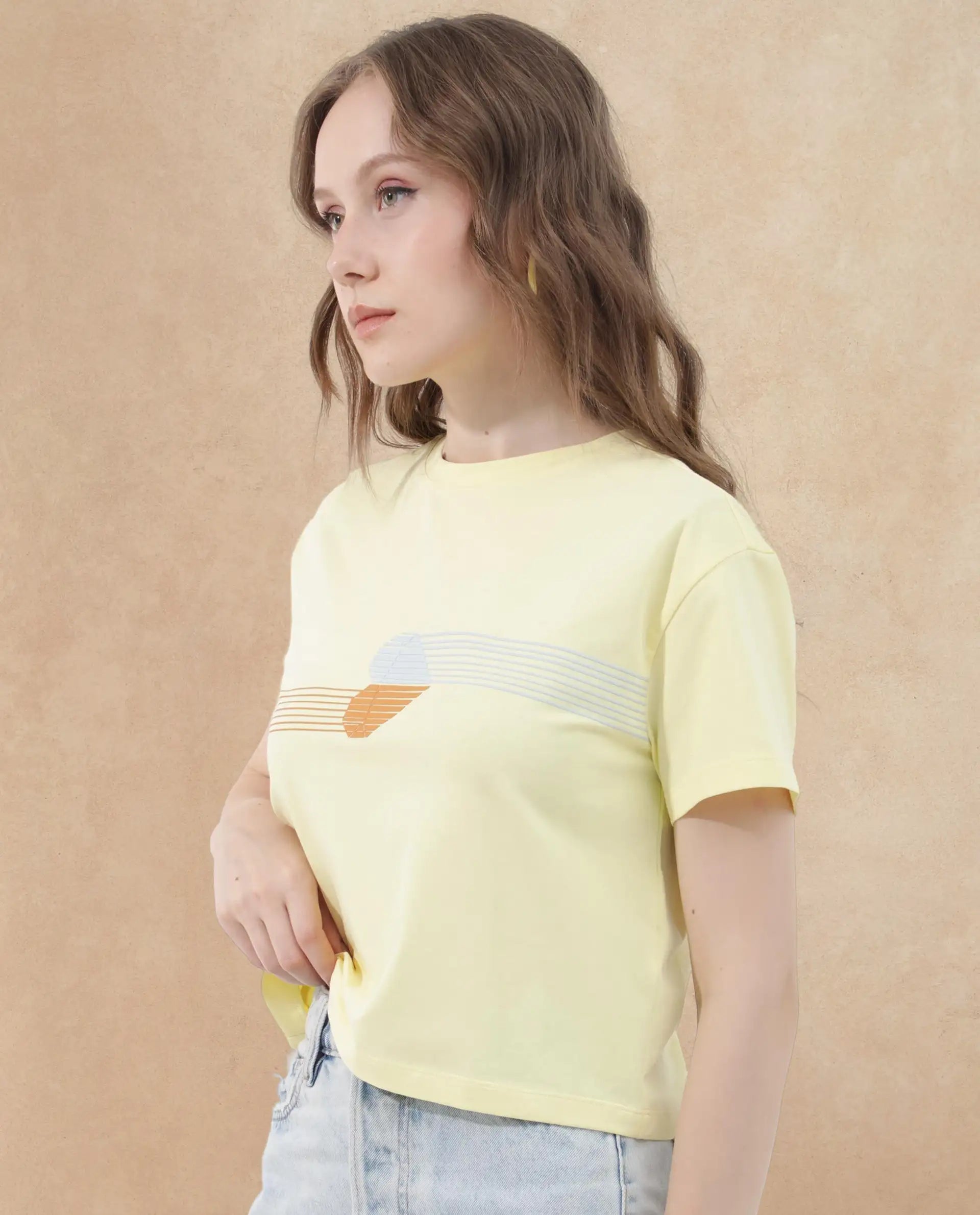 Rareism Women's Kuncro Yellow Cotton Blend Crew Neck Graphic Print Crop Regular Fit T-Shirt