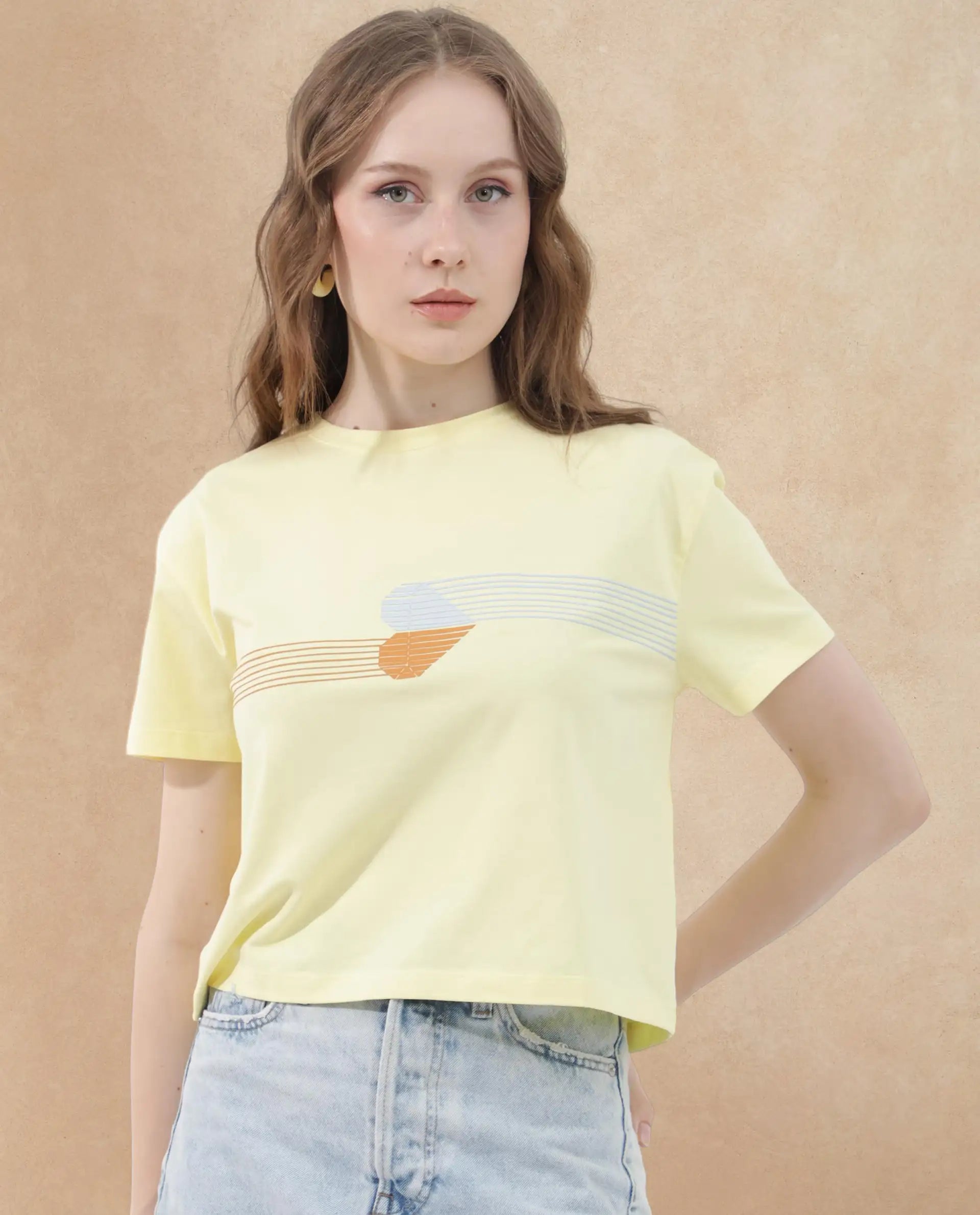 Rareism Women's Kuncro Yellow Cotton Blend Crew Neck Graphic Print Crop Regular Fit T-Shirt