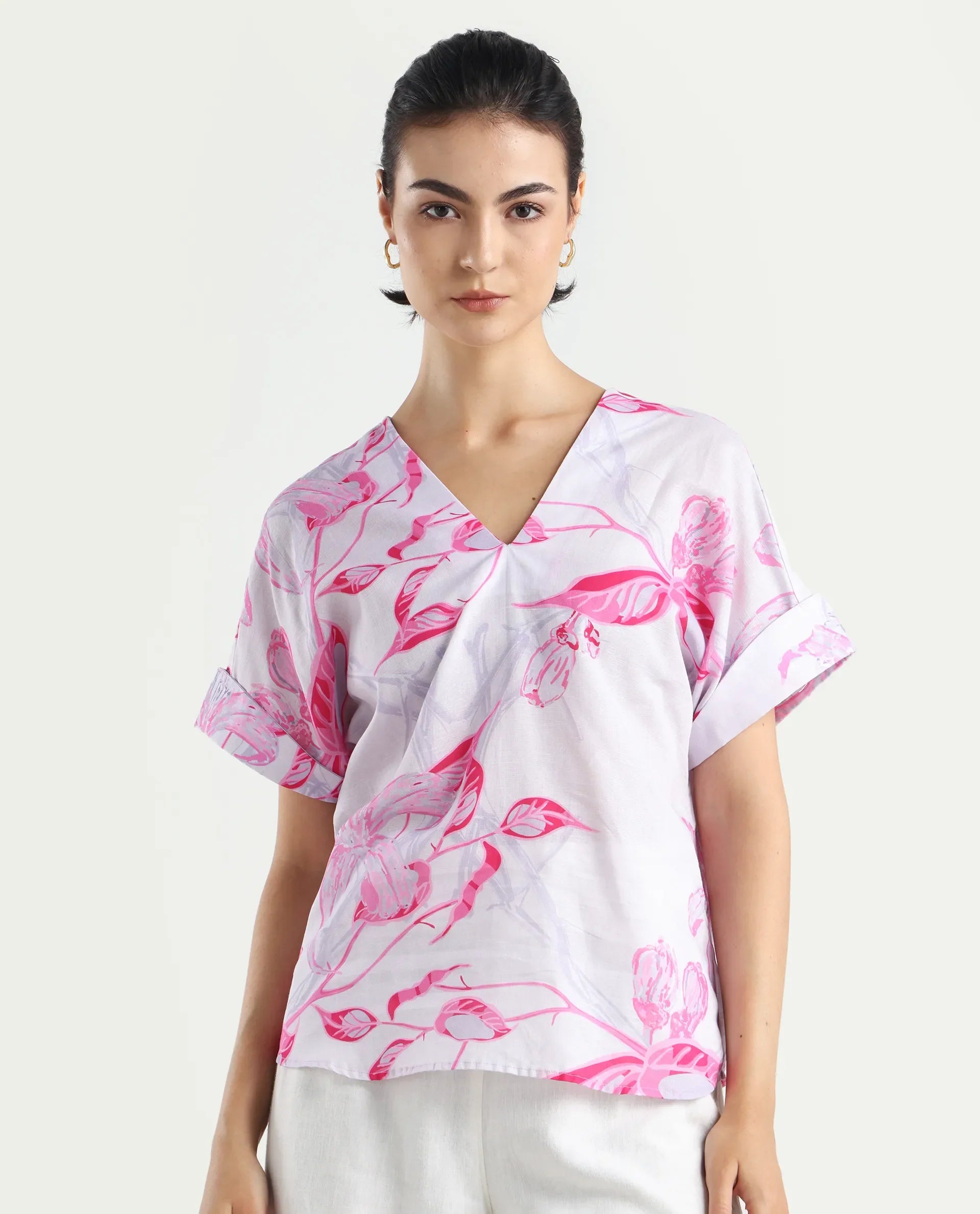 Rareism Women's Kyor Sc Dusky Purple Cotton Blend V-Neck Floral Print Extended Sleeves Regular Fit Top