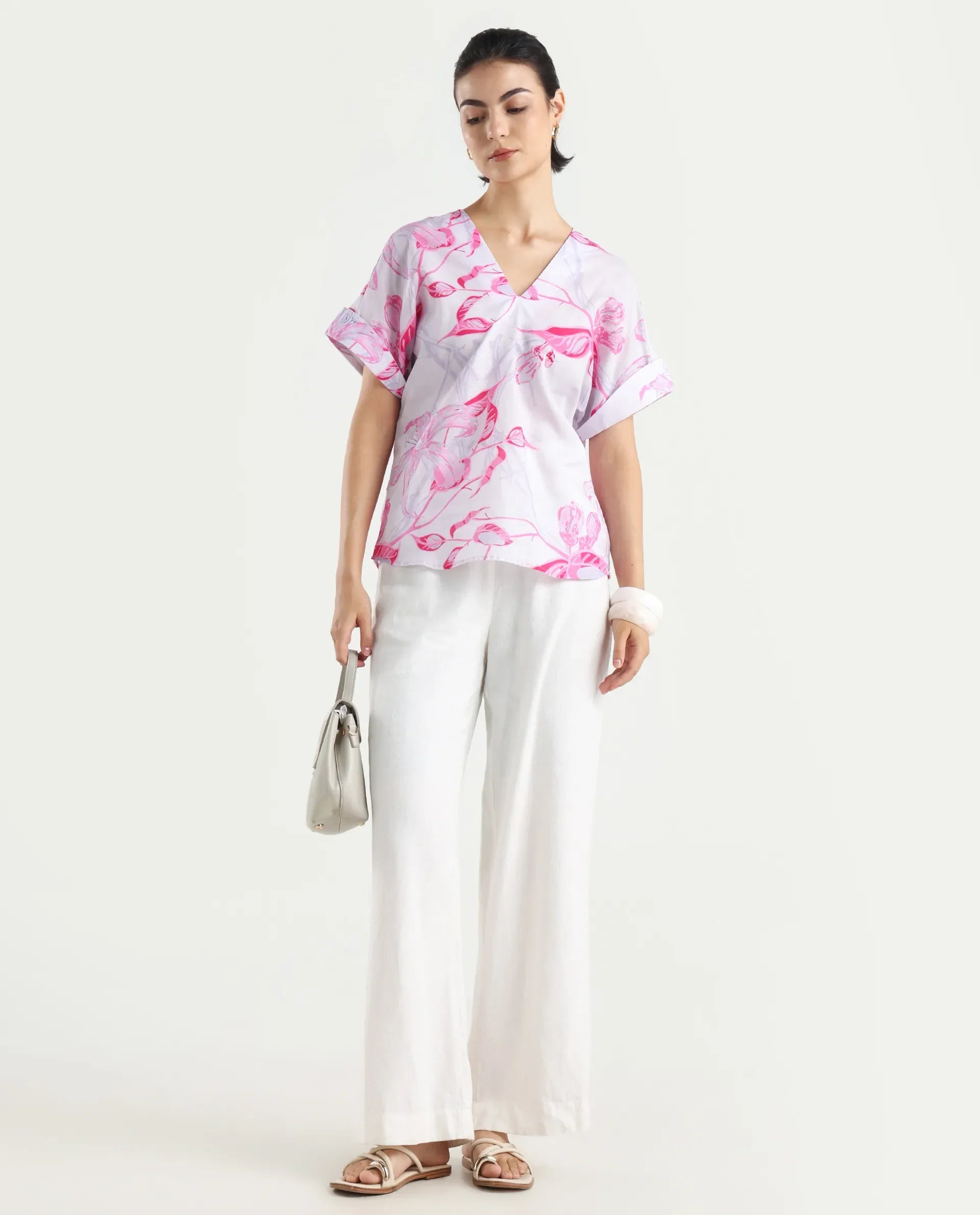 Rareism Women's Kyor Sc Dusky Purple Cotton Blend V-Neck Floral Print Extended Sleeves Regular Fit Top