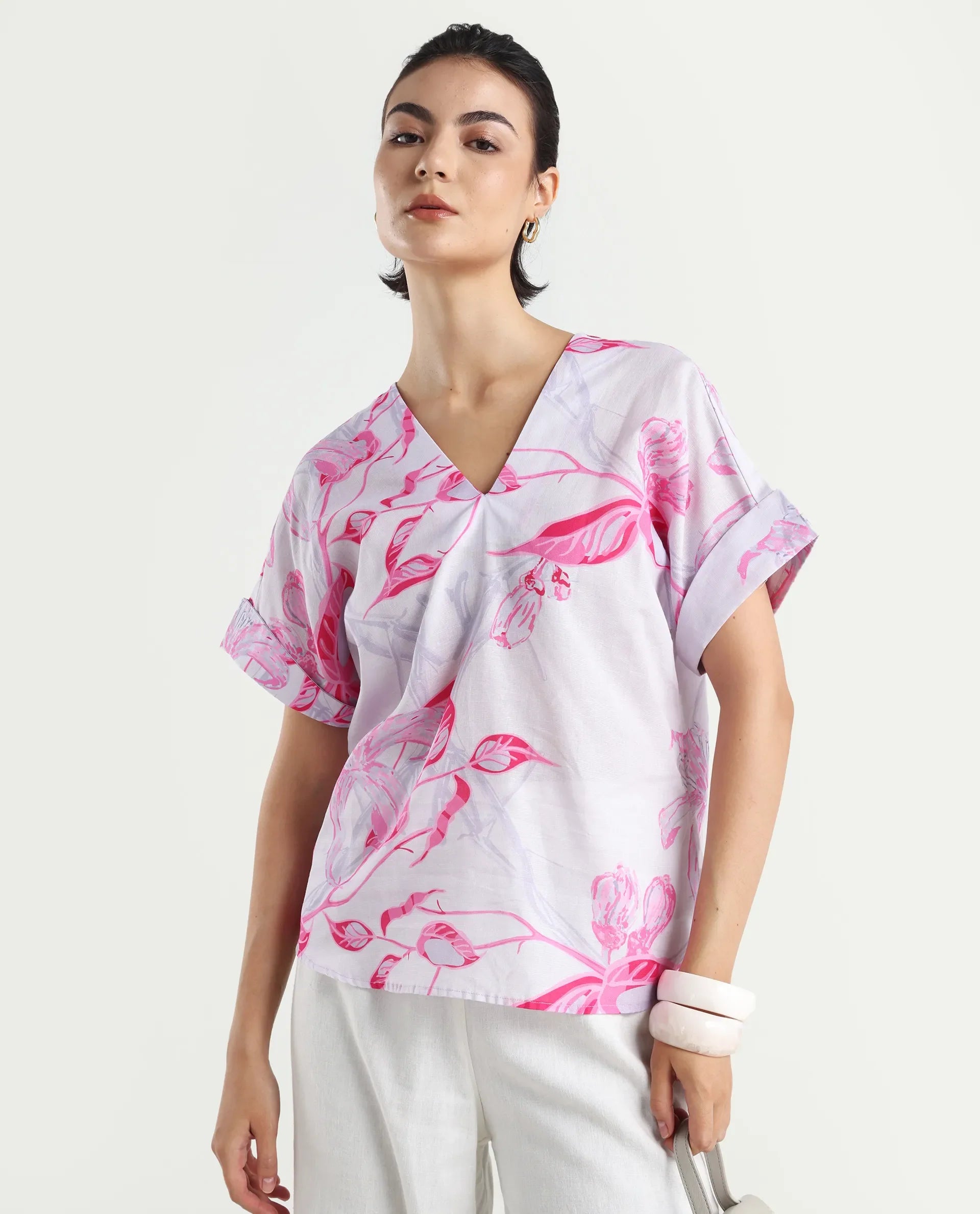 Rareism Women's Kyor Sc Dusky Purple Cotton Blend V-Neck Floral Print Extended Sleeves Regular Fit Top