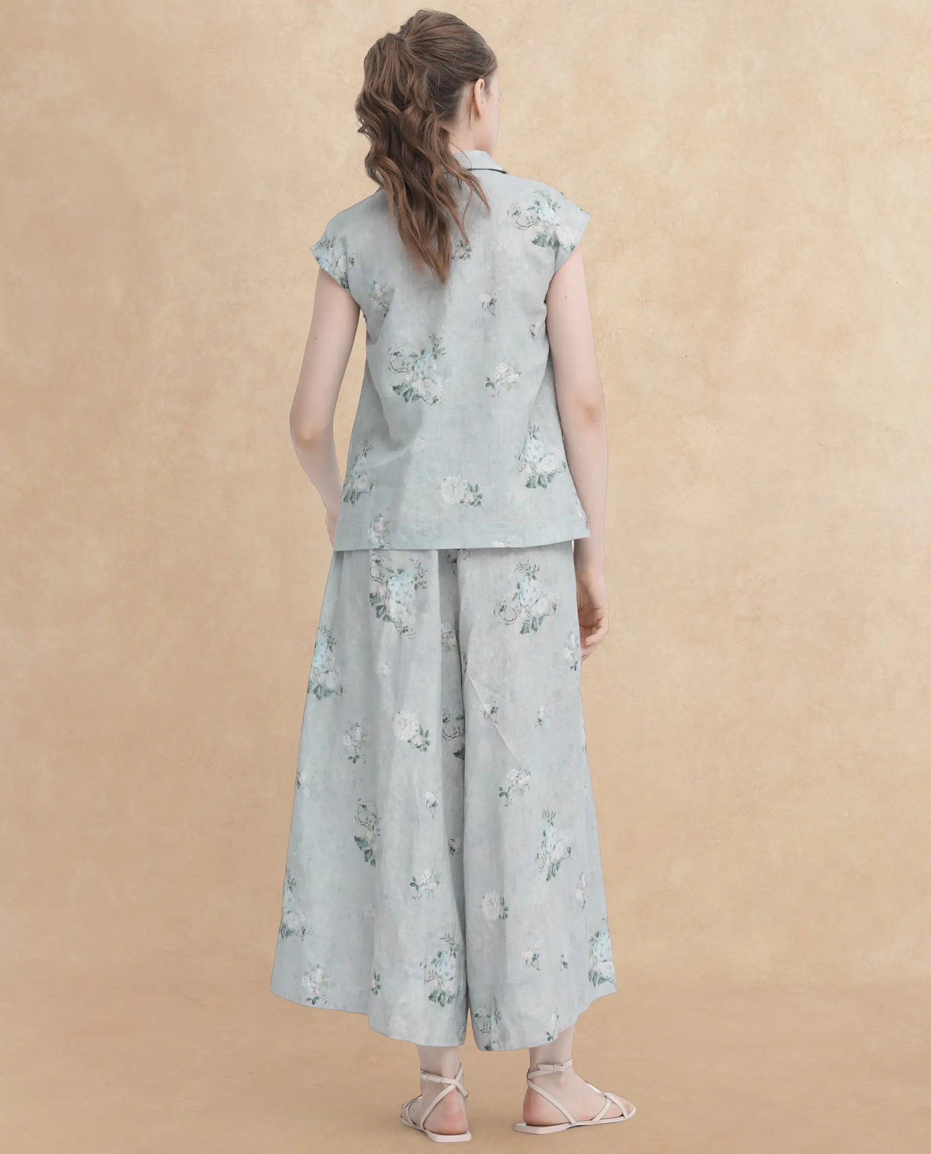Rareism Women's Kyul-B Dusky Green Linen Floral Print Ankle Length Flared Trouser
