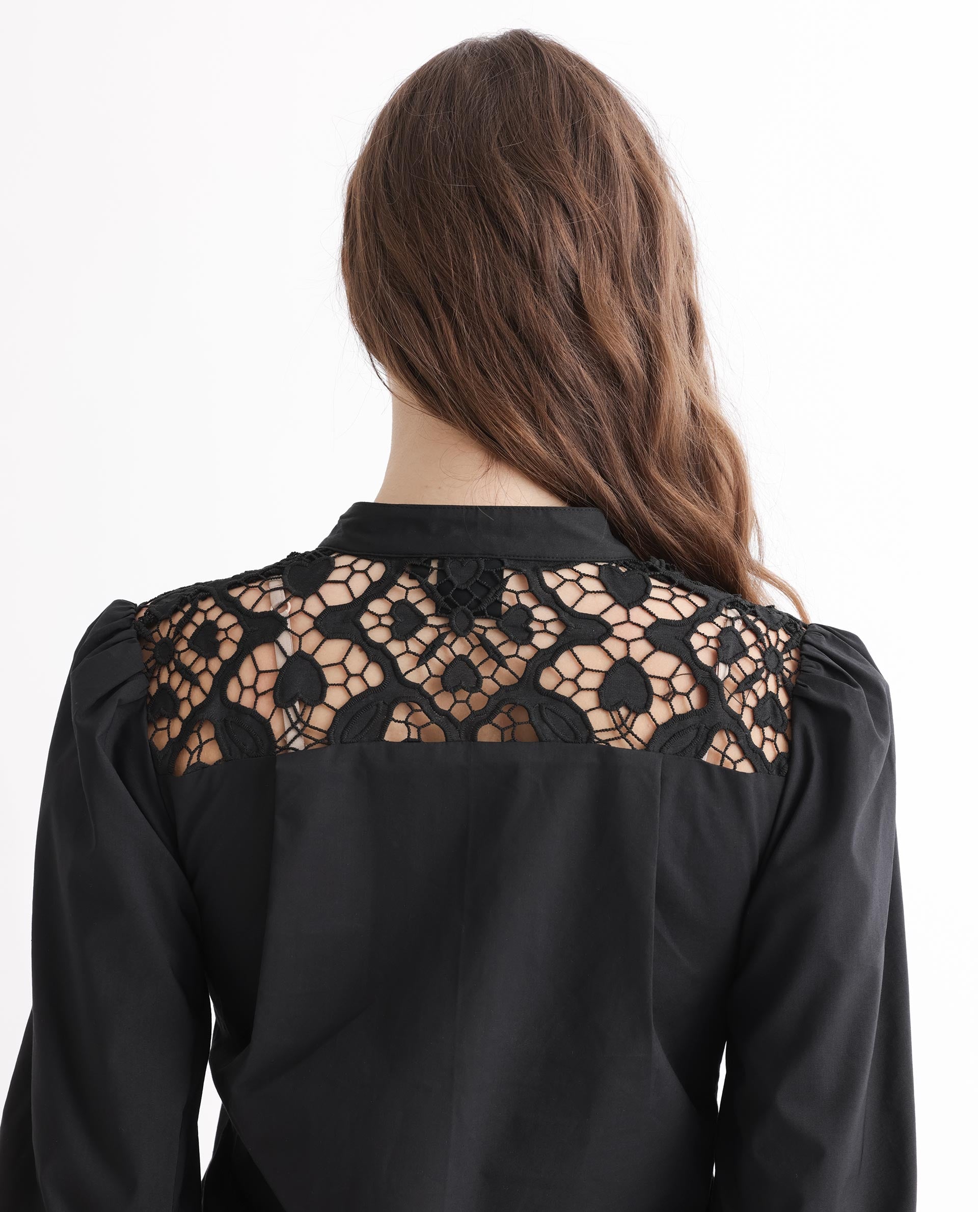 Rareism Women's Laam Black Cotton Blend Mandarin Collar Plain Balloon Sleeve Regular Fit Top