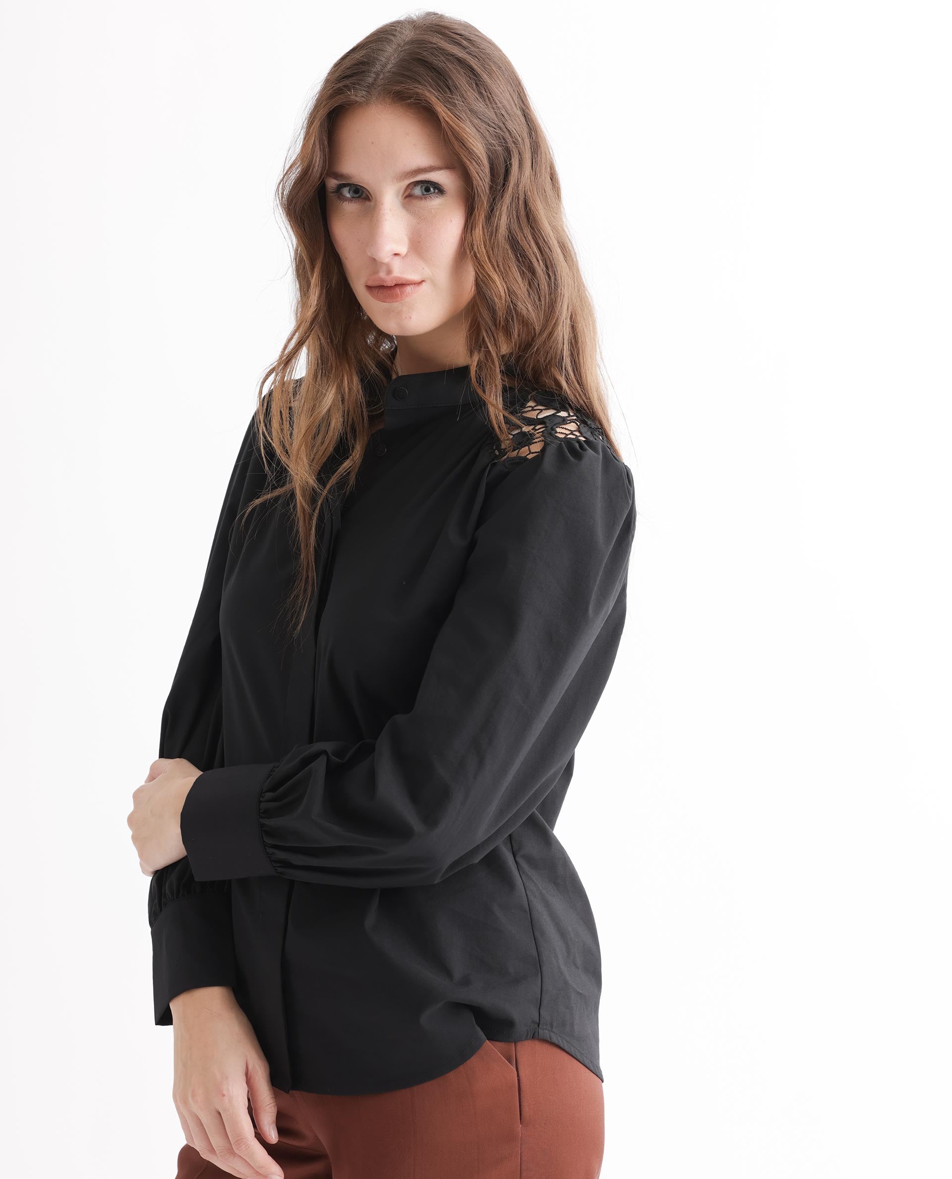 Rareism Women's Laam Black Cotton Blend Mandarin Collar Plain Balloon Sleeve Regular Fit Top