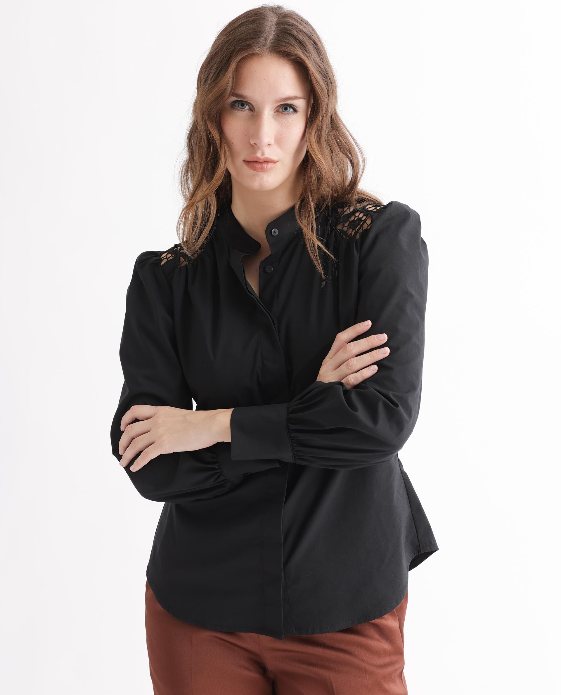 Rareism Women's Laam Black Cotton Blend Mandarin Collar Plain Balloon Sleeve Regular Fit Top