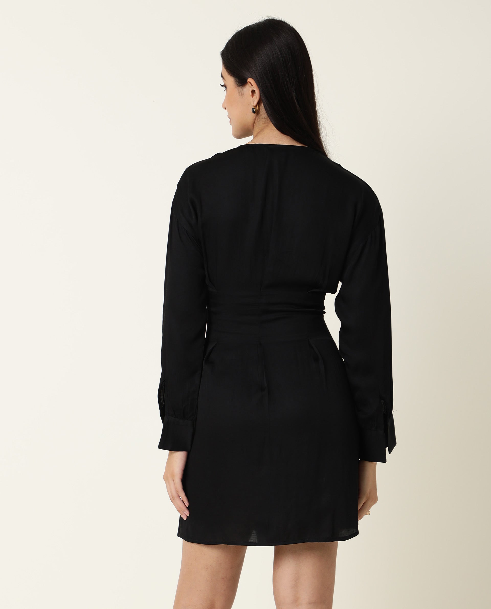 Rareism Women Lactose Black V Neck Full Sleeves Waist Criss Cross Tie Up Mini Dress