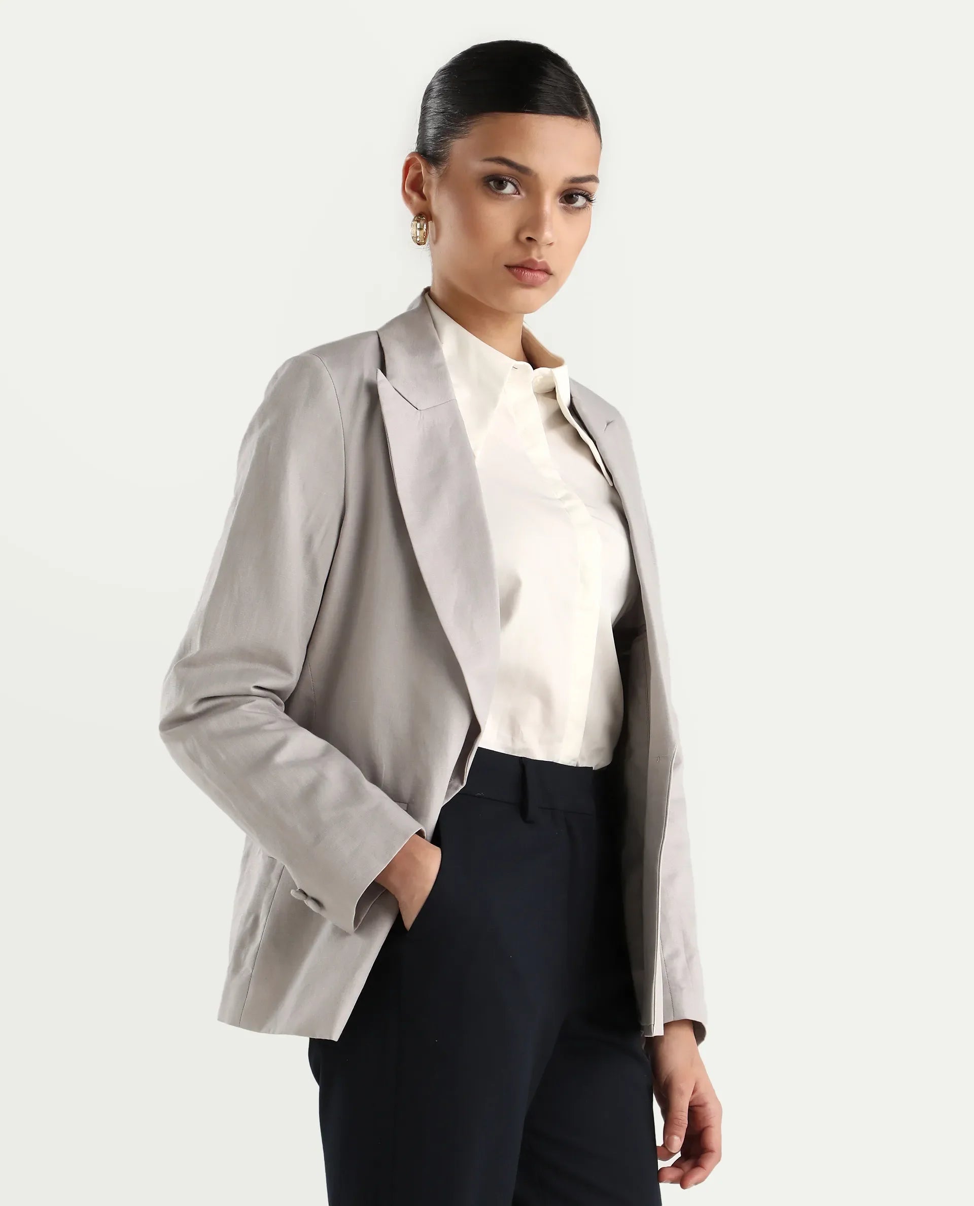 Rareism Women's Laika Grey Linen Lapel Neck Plain Regular Fit Blazer