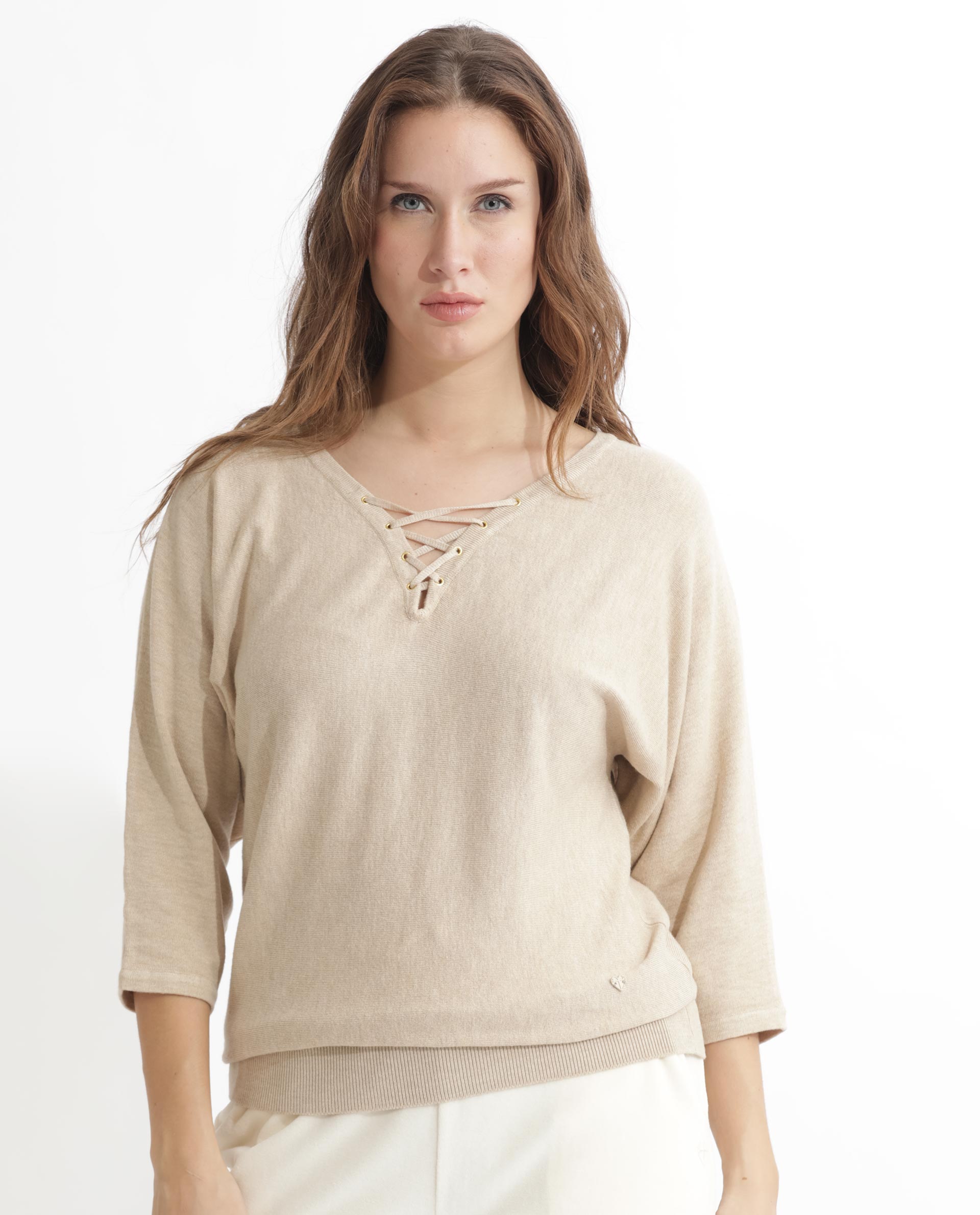 Rareism Women's Laine Beige Viscose V-Neck Plain Kimono Sleeve Regular Fit Top