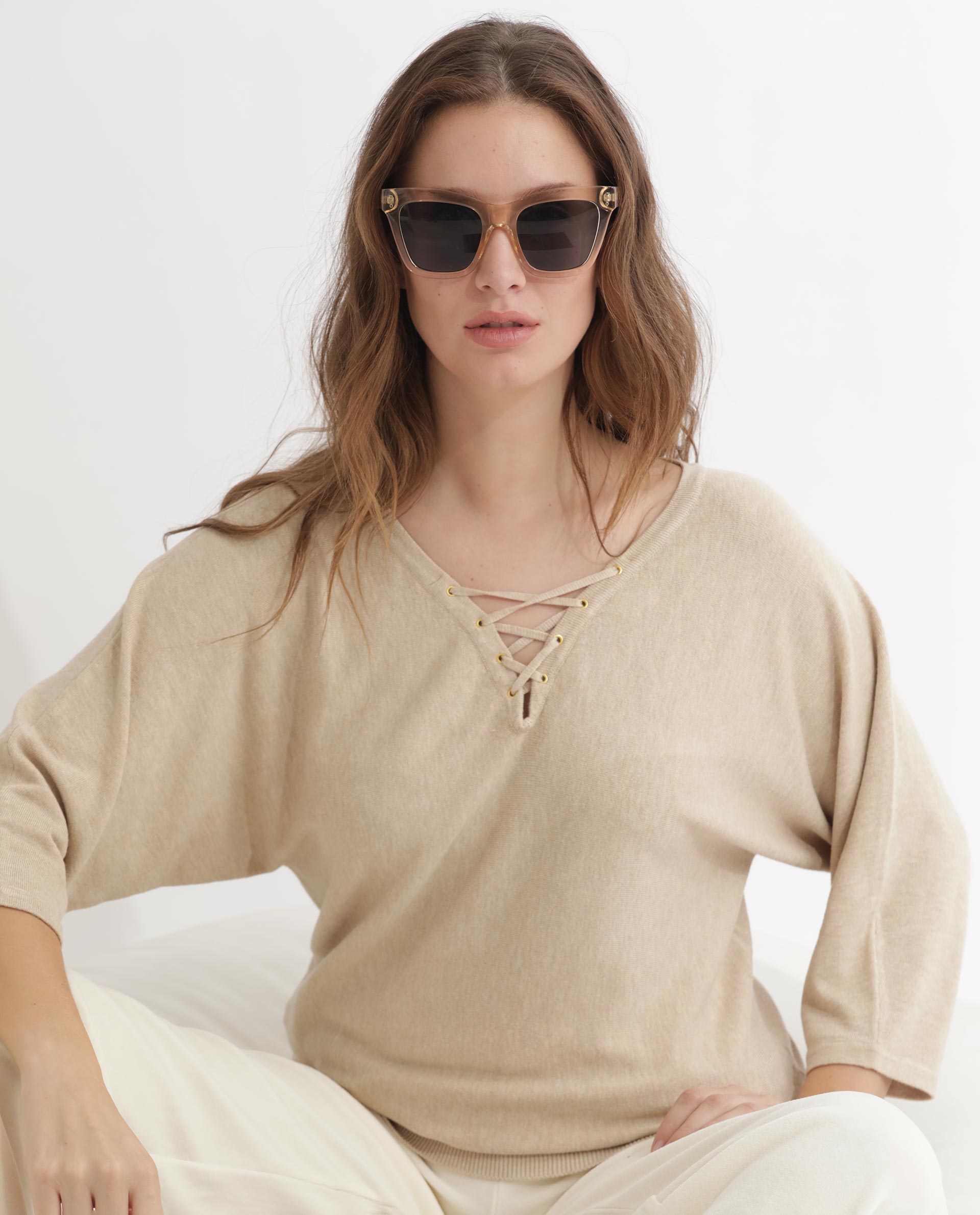 Rareism Women's Laine Beige Viscose V-Neck Plain Kimono Sleeve Regular Fit Top