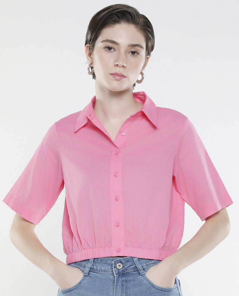 Rareism Women Lakeavi Pink Short Sleeve Collared Neck Button Closure Cropped Plain Top