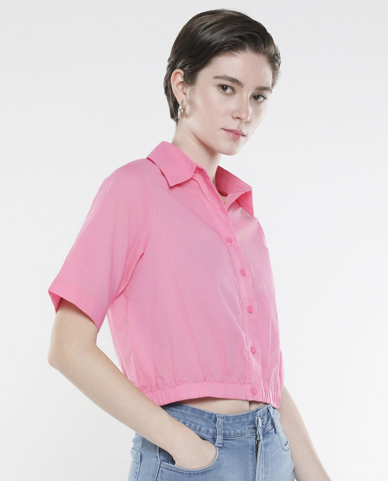 Rareism Women Lakeavi Pink Short Sleeve Collared Neck Button Closure Cropped Plain Top