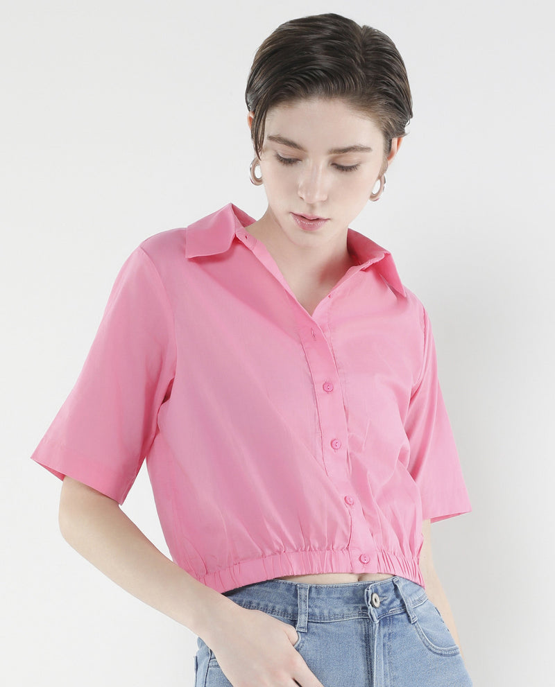 Rareism Women Lakeavi Pink Short Sleeve Collared Neck Button Closure Cropped Plain Top