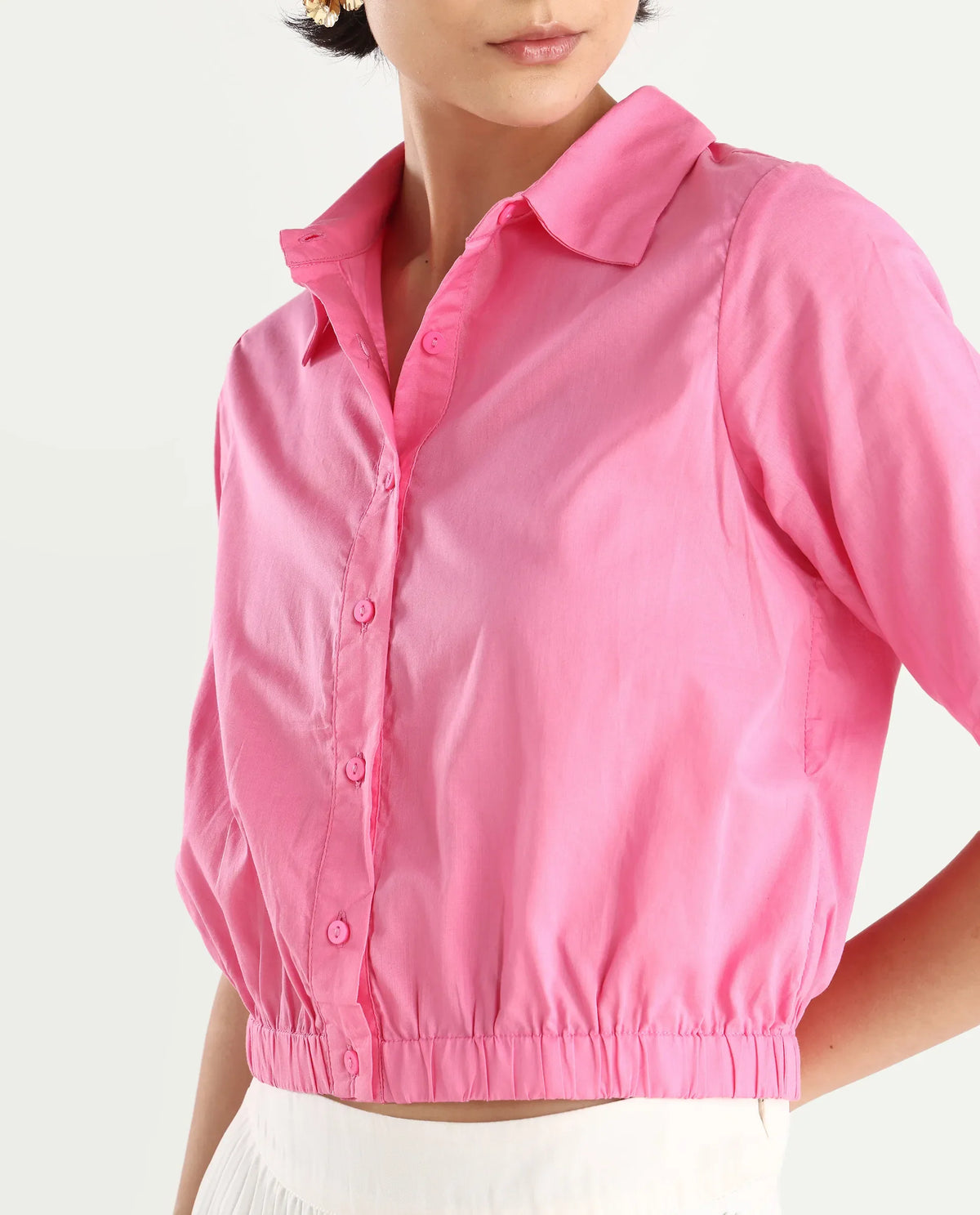 Rareism Women's Lakeavi Pink Cotton Spread Collar Plain Crop Regular Fit Top